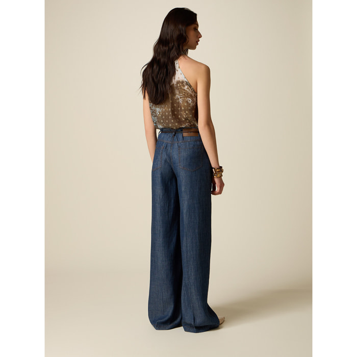 Oltre - Pantalones palazzo efecto denim - Azul
