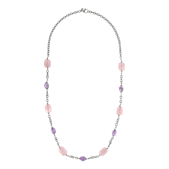 Collana Lunga Catena Rolo con Ametista Viola e Quarzo Rosa in Argento 925 placcato Rodio