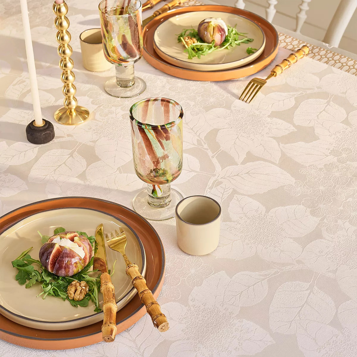Nappe pur coton enduit motif jacquard beige Mille hortensias naturel