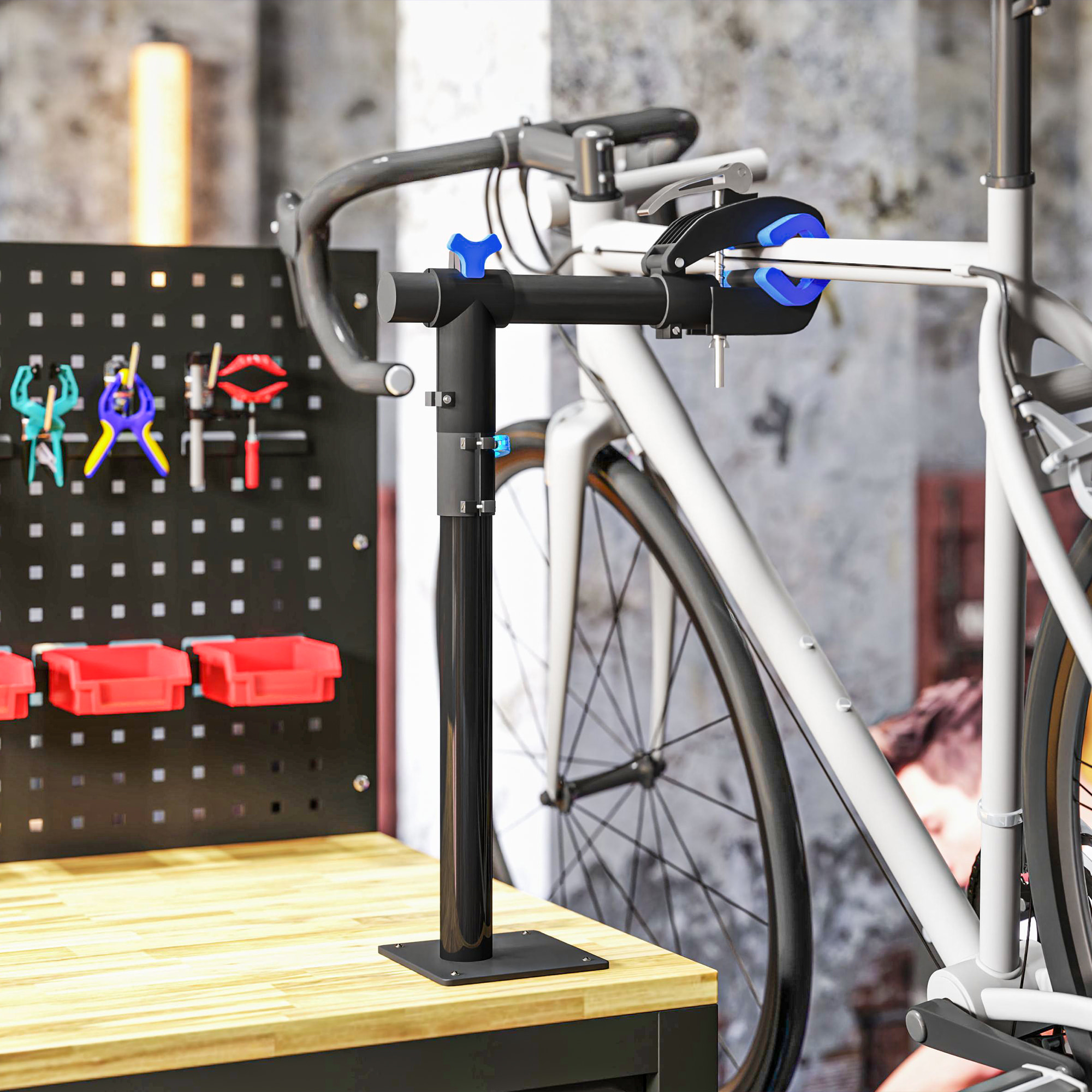 Support de réparation de vélo réglable - pied d'atelier vélo - pince pivotante 360° - charge max. 25 Kg - noir bleu