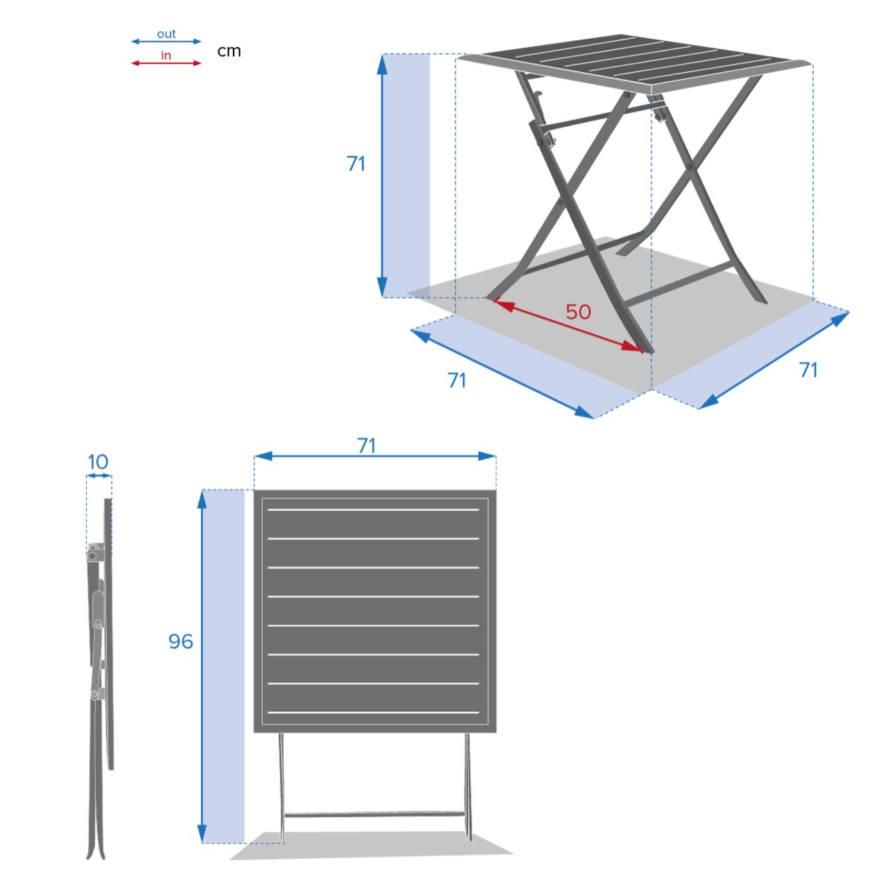 Table de jardin pliante carrée "Azua" graphite 2 places en aluminium traité époxy