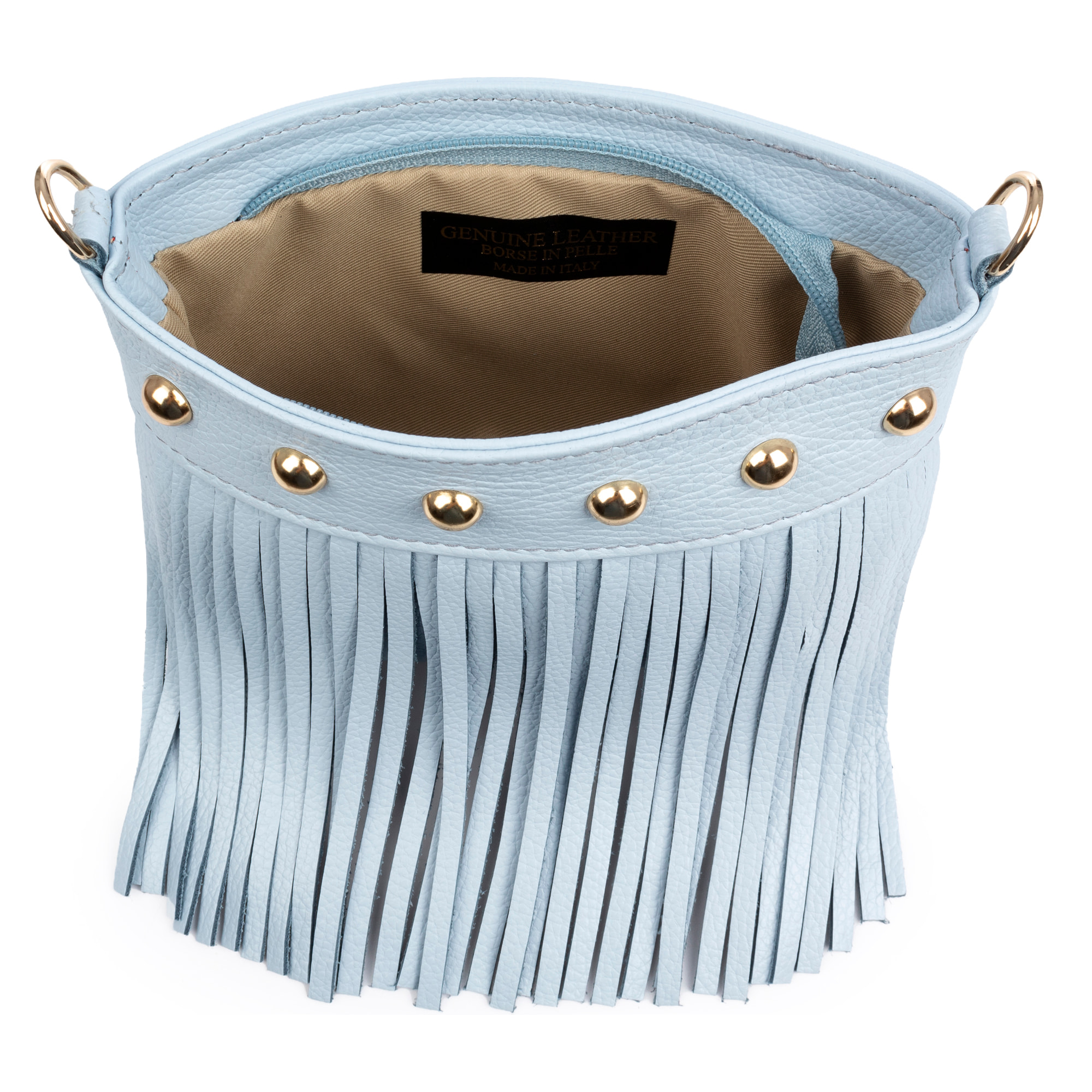 Bedulita Bolso bandolera Mujer. Piel auténtica Dollaro con flecos y detalles metálicos.