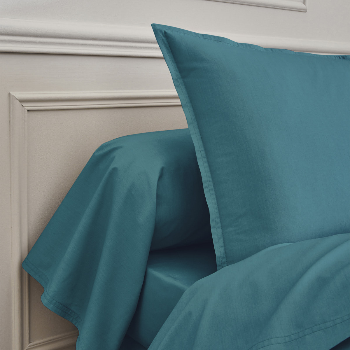 Drap plat uni en percale de coton, PREMIÈRE, Bleu Emeraude