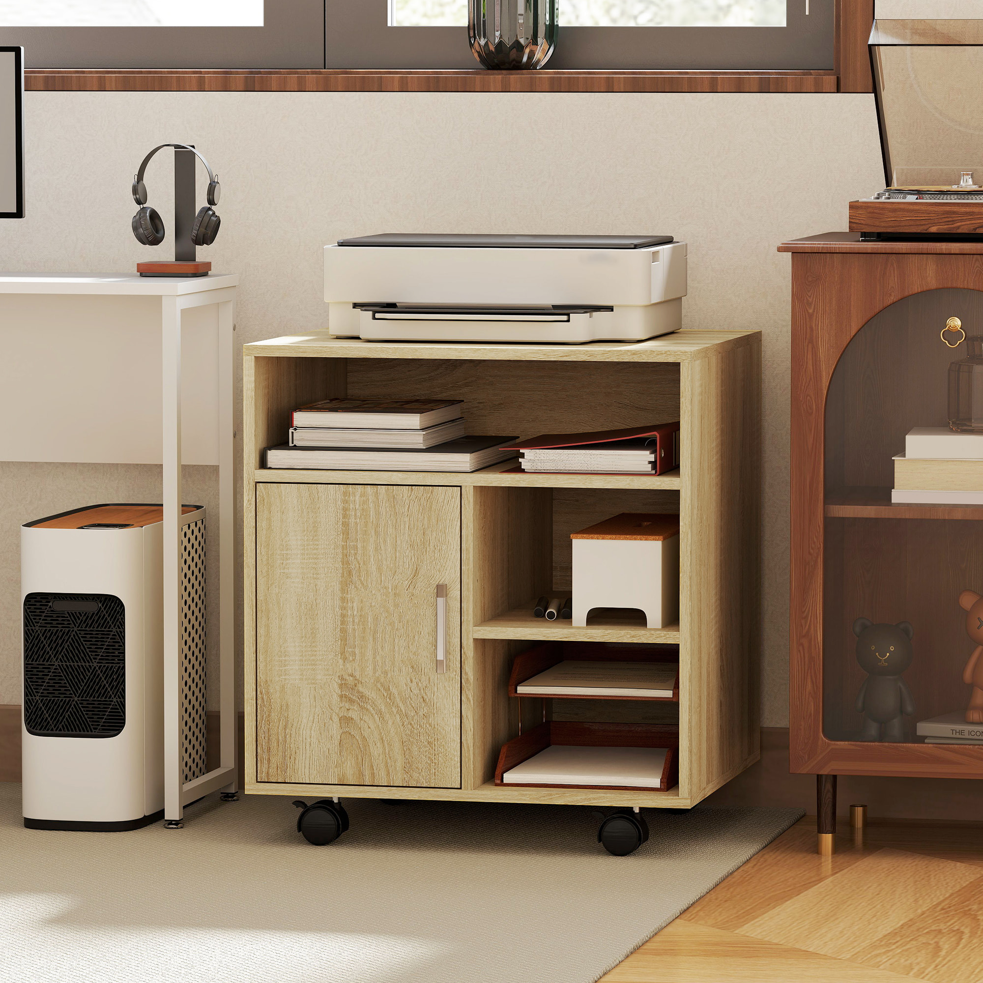 Support d'imprimante organiseur bureau caisson porte 3 niches grand plateau naturel