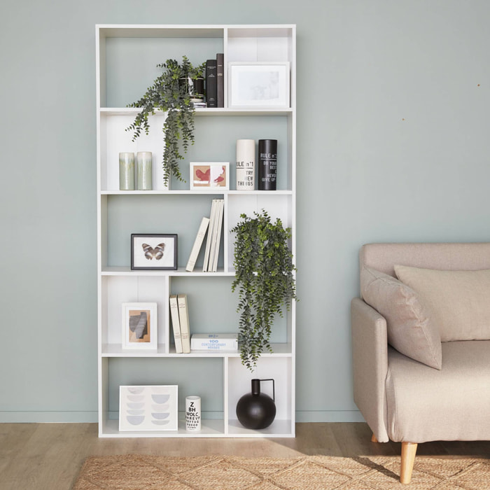 Bibliothèque design asymétrique – Pieter – 5 étagères. 10 compartiments de rangement. 83x23x173cm