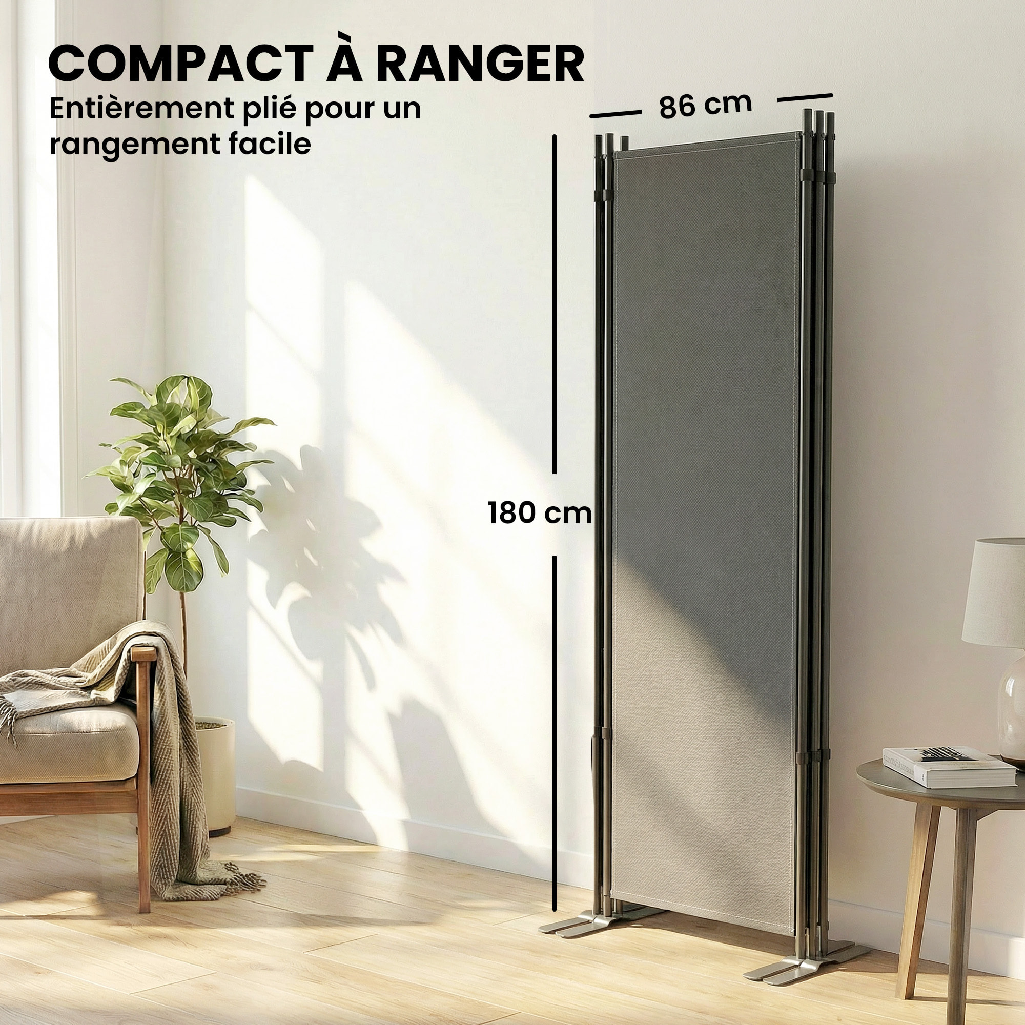 Paravent 260x180cm séparateur de pièce brise vue autoportant métal polyester gris