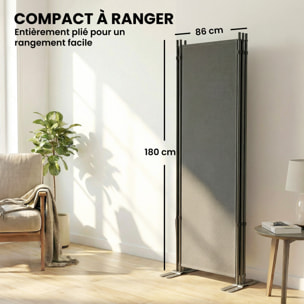 Paravent 260x180cm séparateur de pièce brise vue autoportant métal polyester gris