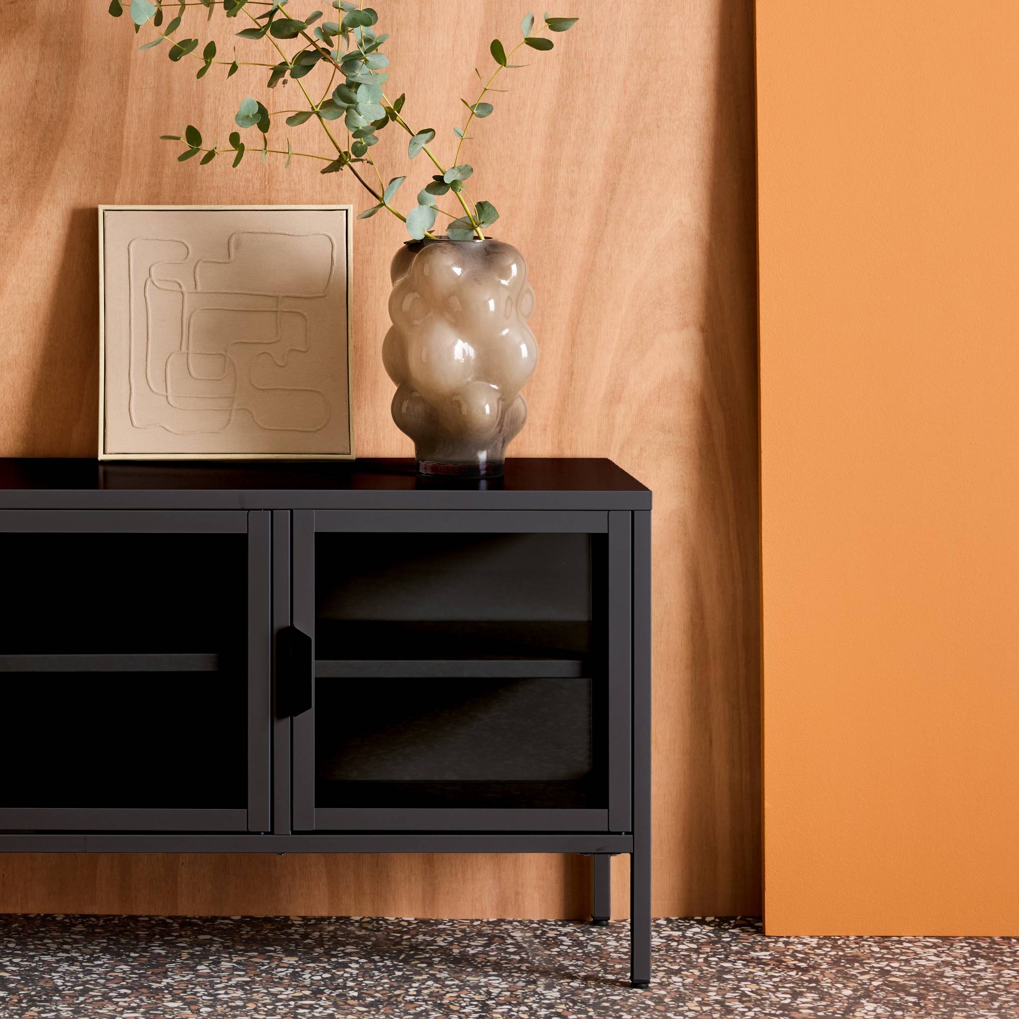 Meuble TV industriel métal et verre trempé 3 portes 120cm ARKANSAS