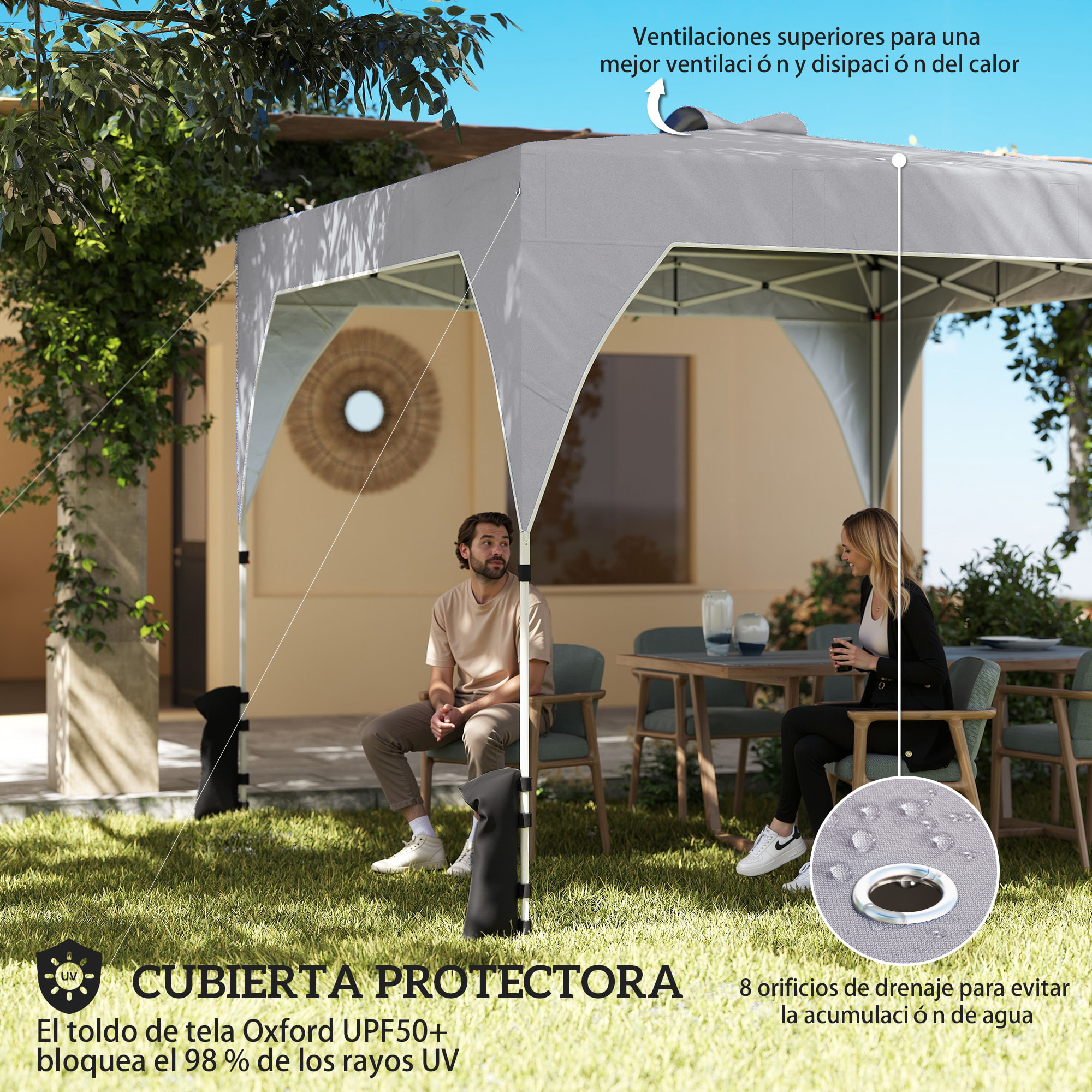 Carpa Plegable 3x3 m, Pop-up, Cenador Pabellón de Jardín con Ventilación Superior, Bloqueo Central, UPF50+, Altura Ajustable 3 Niveles, Bolsa Transporte con Ruedas, Sacos de Arena, Gris