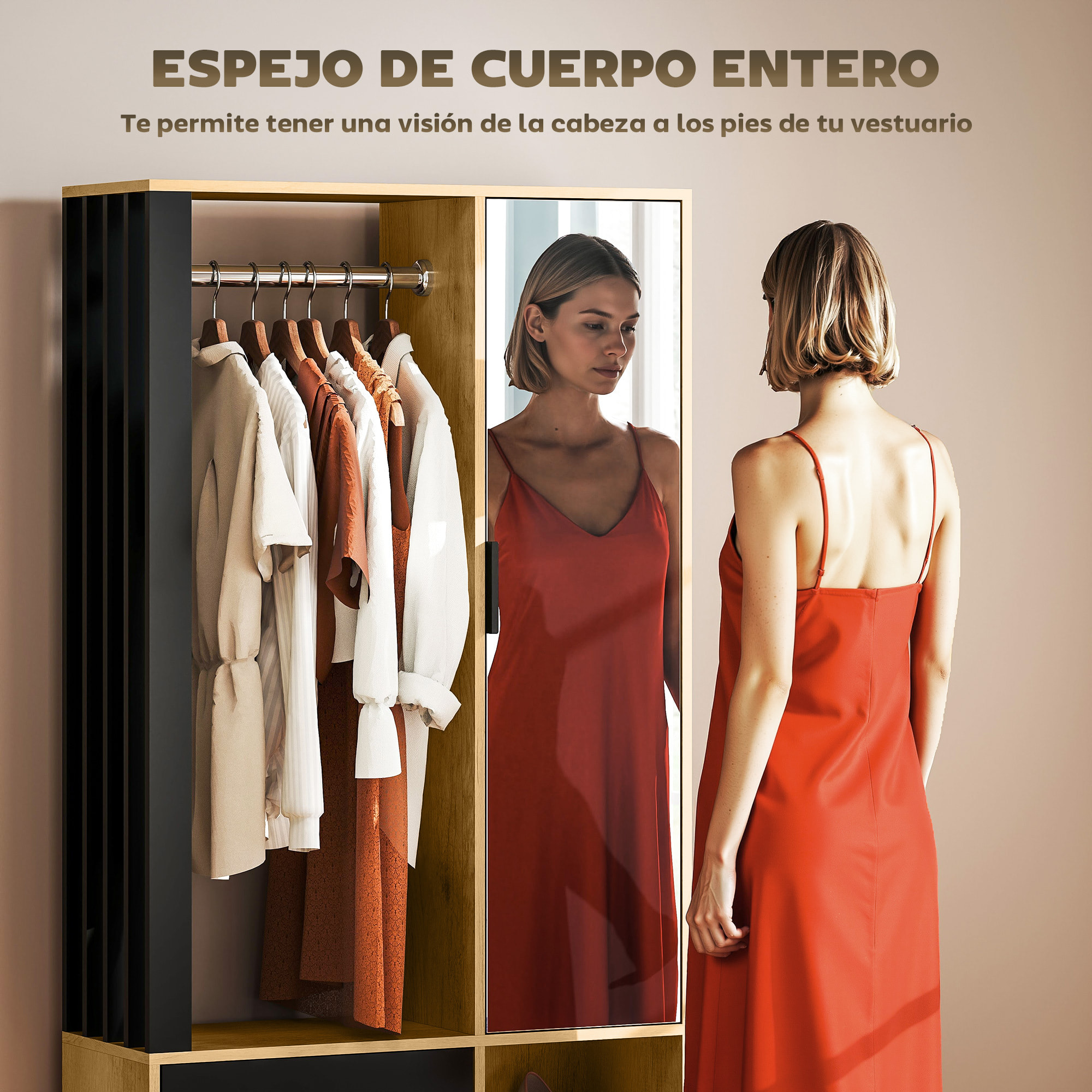 Armario Dormitorio con Puerta con Espejo, Armario Ropero con Barra para Colgar, 2 Compartimentos Abiertos, Estilo Moderno, 80x30x170 cm, Natural y Negro