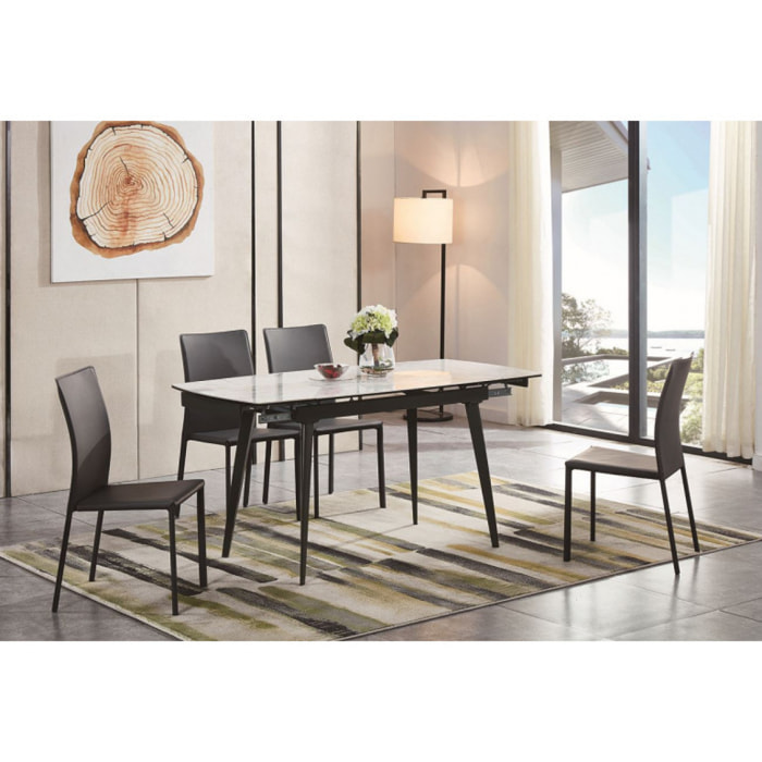 Table extensible céramique blanc marbré pieds métal noir L120/178cm - LEEDS