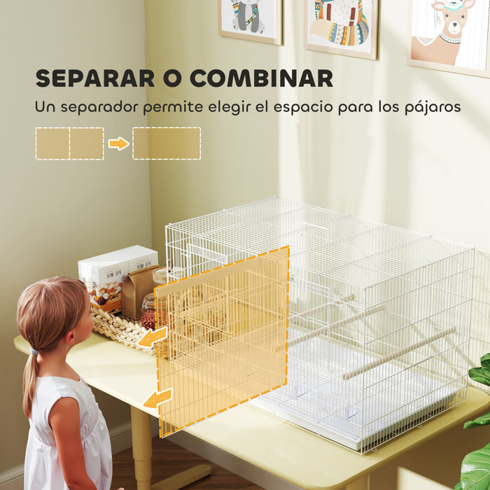 Jaula para Pájaros con Divisor Pajarera con 4 Comederos 4 Perchas y Bandeja Extraíble Jaula para Loros Canarios Periquitos 76x46x46 cm Blanco