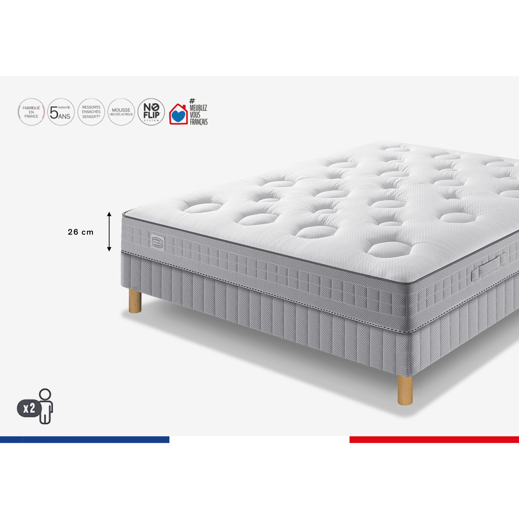 Ensemble FLEXION matelas H26 ressort ensachés, mi-ferme, sommier