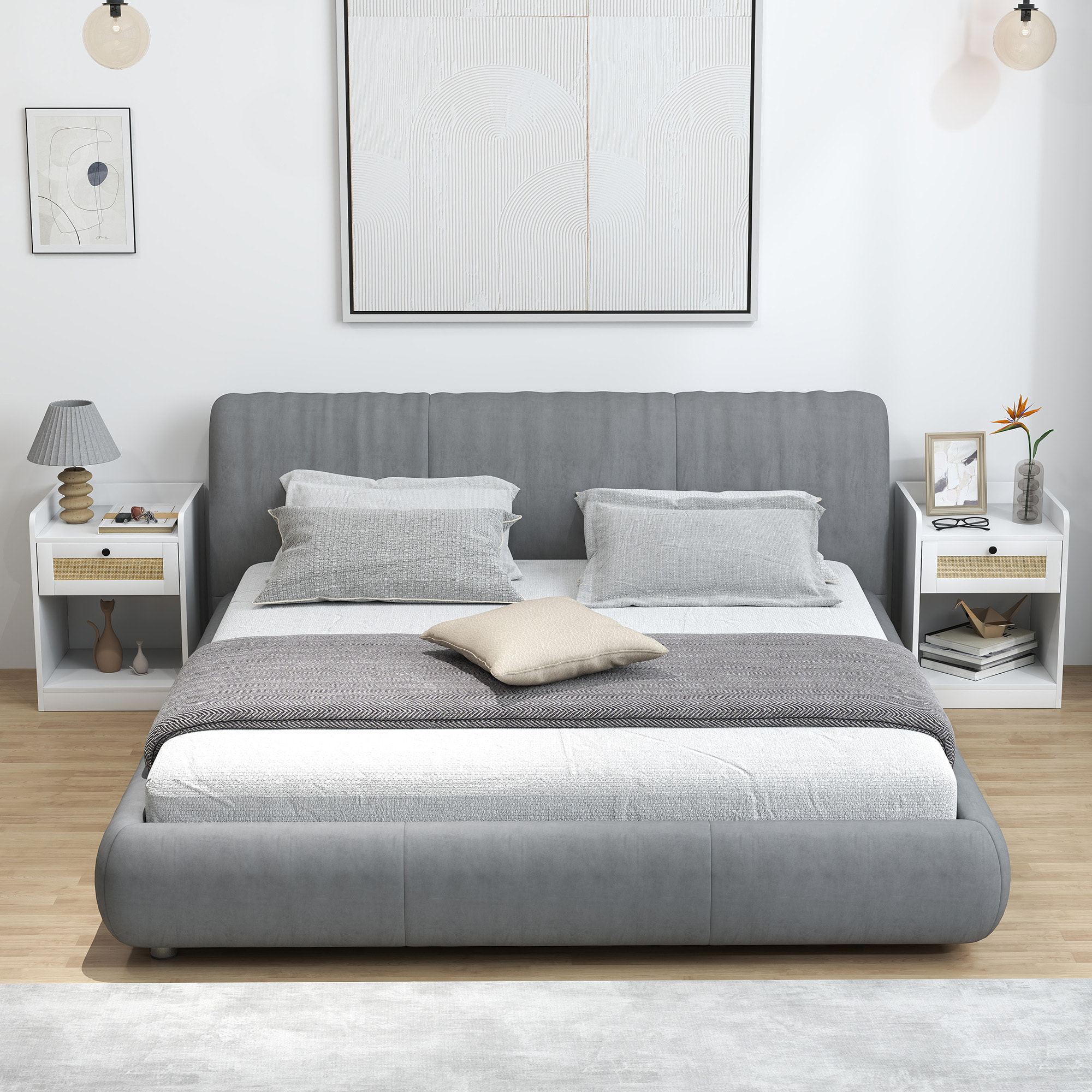 Juego de 2 Mesitas de Noche con Cajón con Frontal de Ratán Mesillas de Noche para Dormitorio para Habitación Hogar 40x40x53 cm Blanco