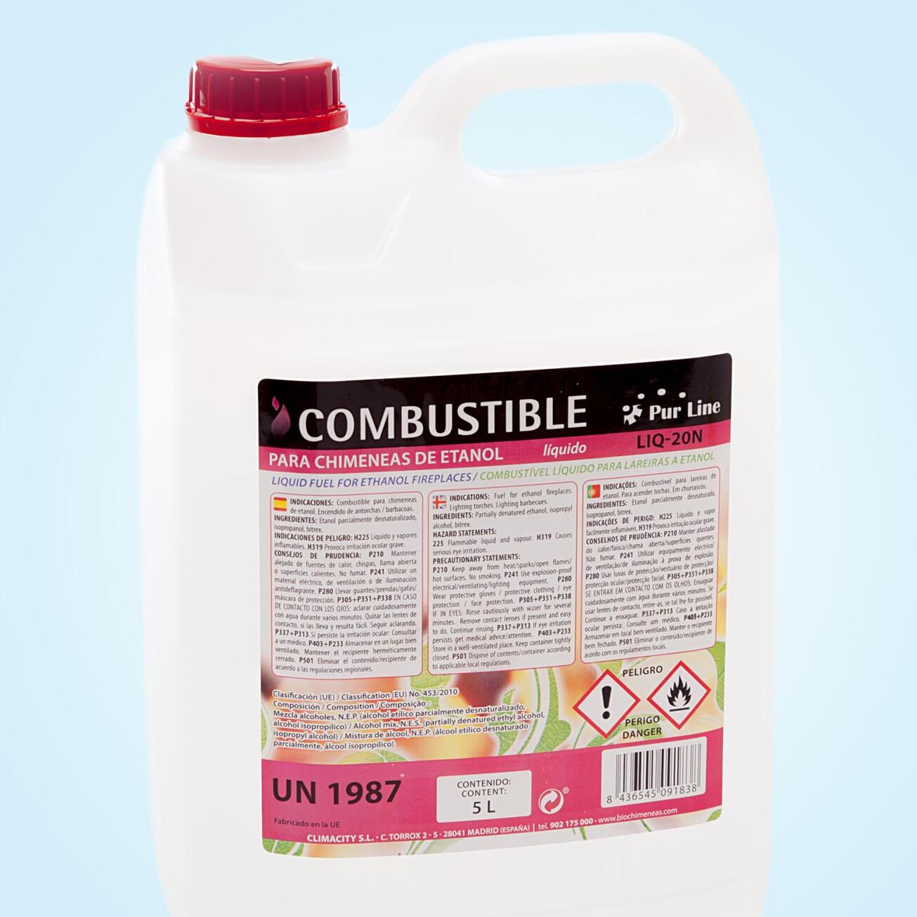 Combustible Etanol de origen natural aroma neutro  garrafa LIQ-20N 5L PURLINE  W