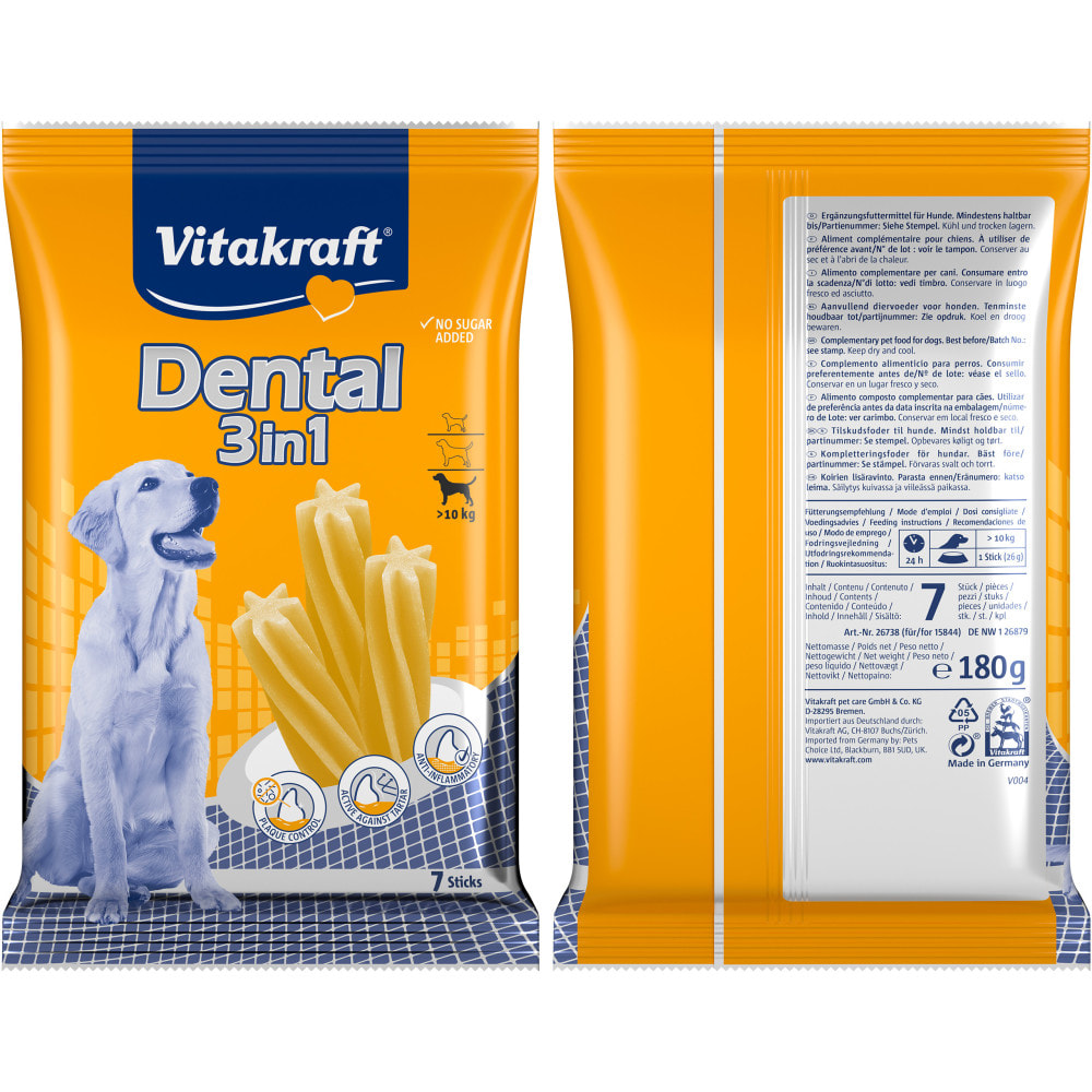 16 x 7 Friandises pour Chien Taille M (+10kg) - Dental 3 en 1 - Vitakraft