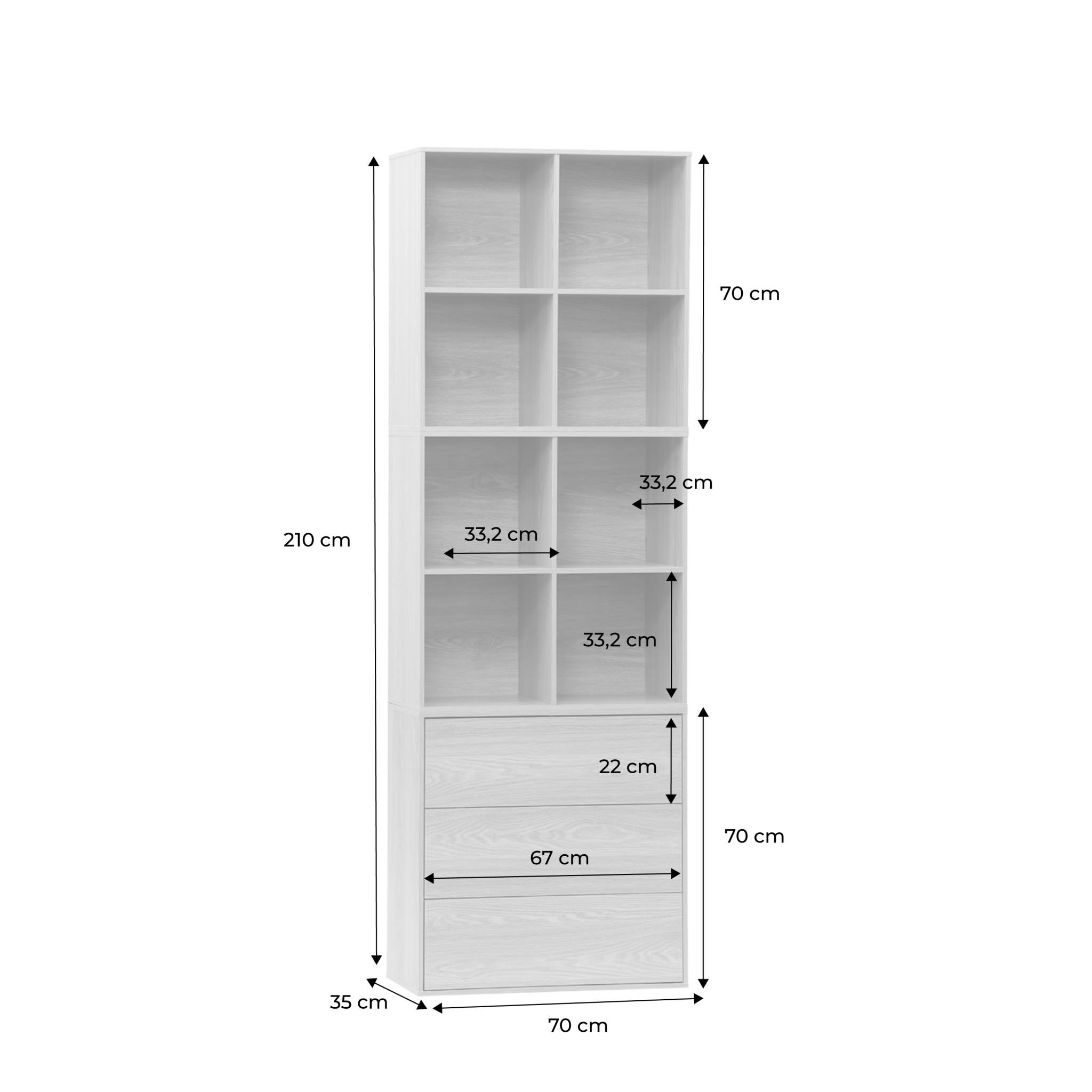 Etagère, bibliothèque modulable décor bois 3 éléments - 3 tiroirs 8 niches KOMPO