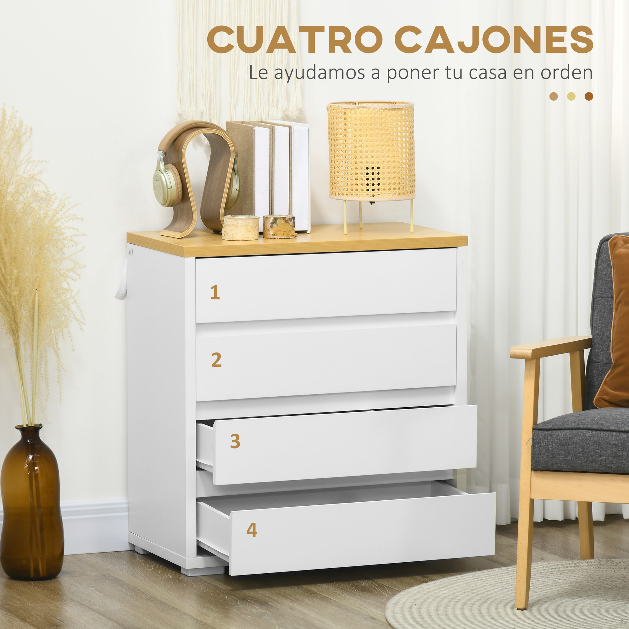 Cómoda Moderna con 4 Cajones Mueble Cajonera de Madera para Dormitorio Salón Habitación Carga 40 kg 70x37x75 cm Blanco y Natural