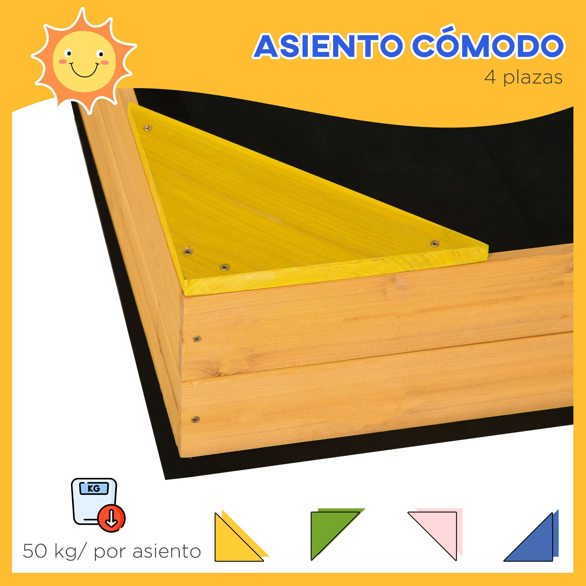 Arenero Infantil de Madera Arenero Cuadrado para Niños de 3-8 Años con Tela no Tejida y 4 Asientos para Jardín Patio Terraza 109x109x19,8 cm Natural