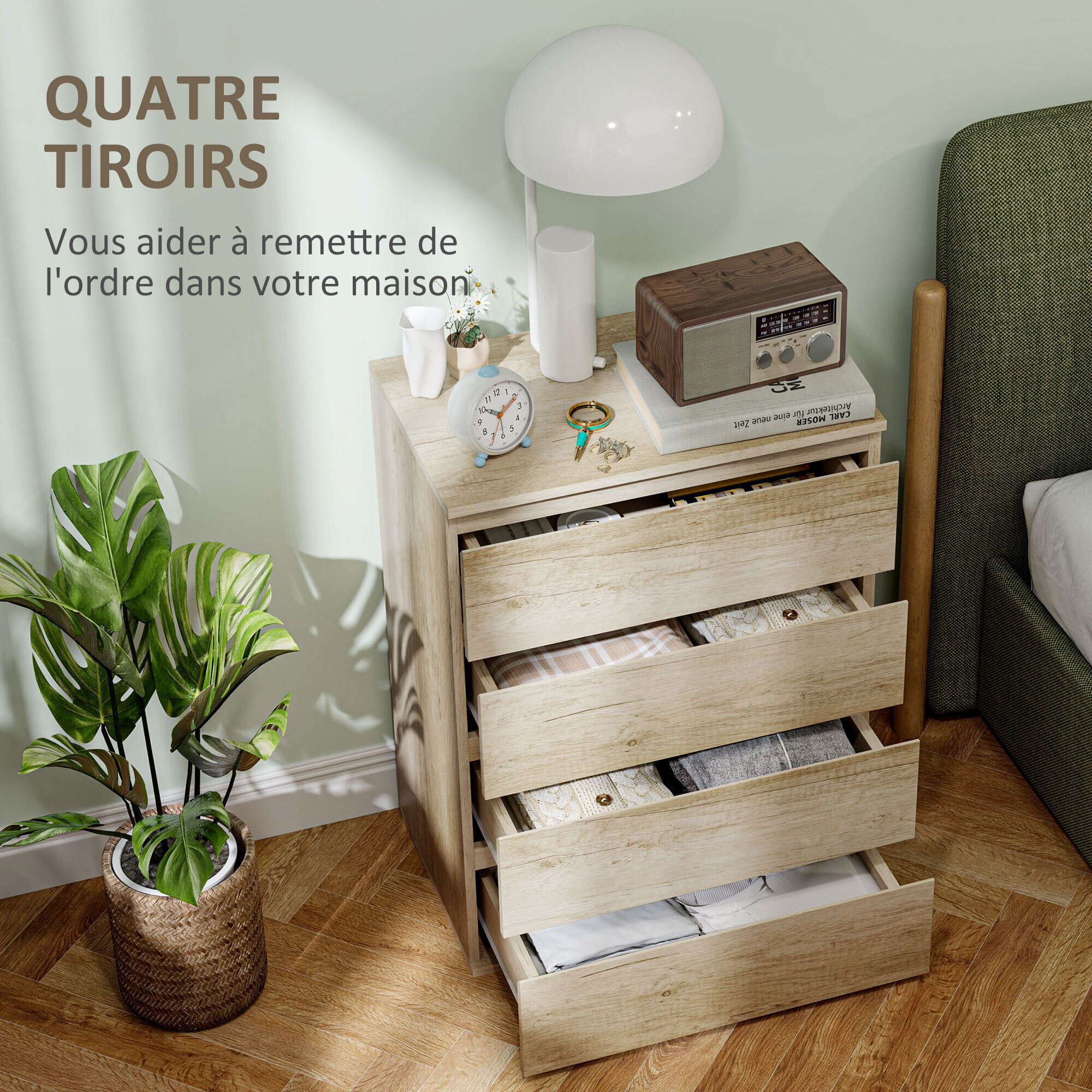 Commode 4 tiroirs dim. 60L x 40l x 80H cm effet bois
