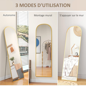 Miroir sur pied - miroir mural rectangulaire arrondi - dim. 50L x 161,5H cm - alu. doré