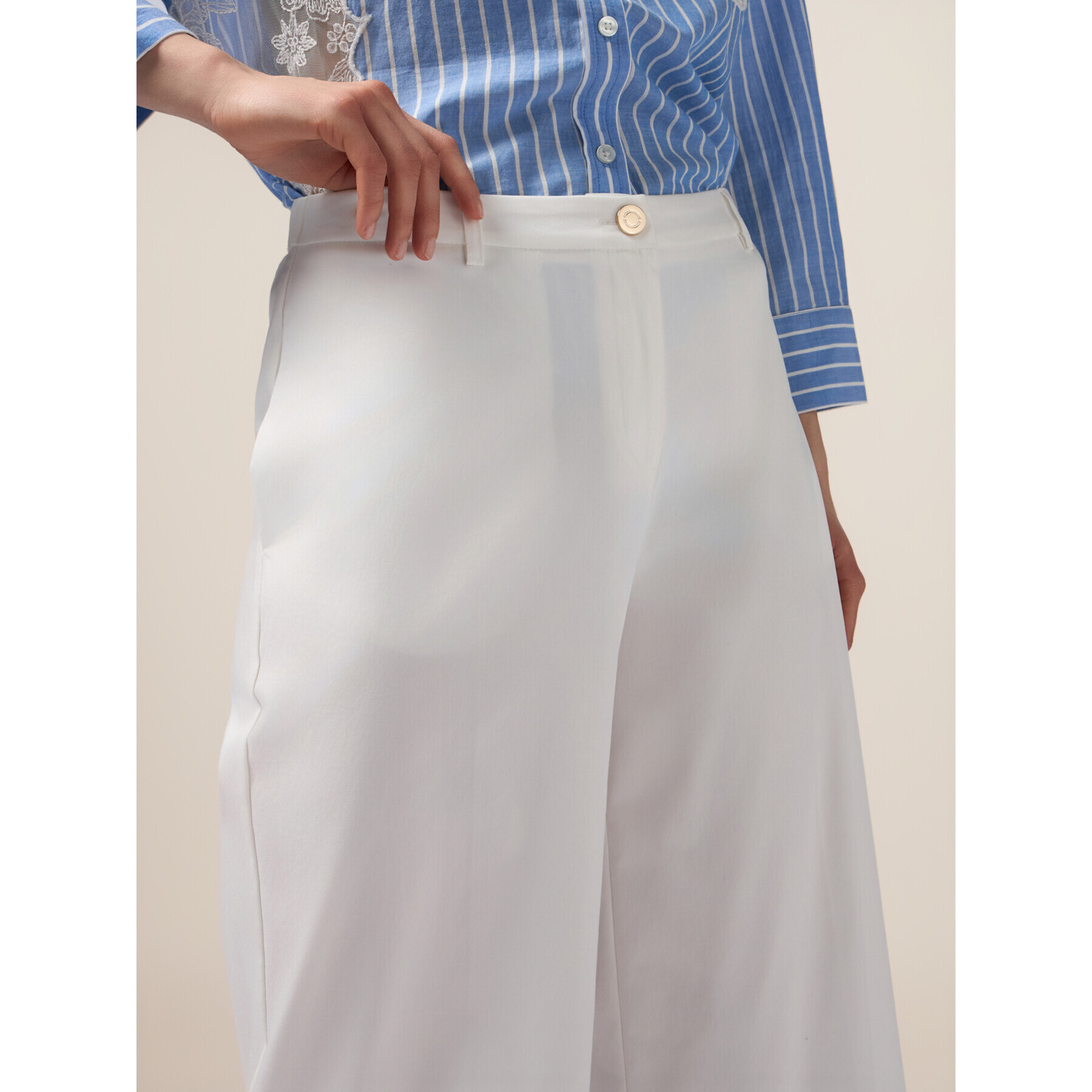 Oltre - Pantalones palazzo de mezcla de algodón - Blanco