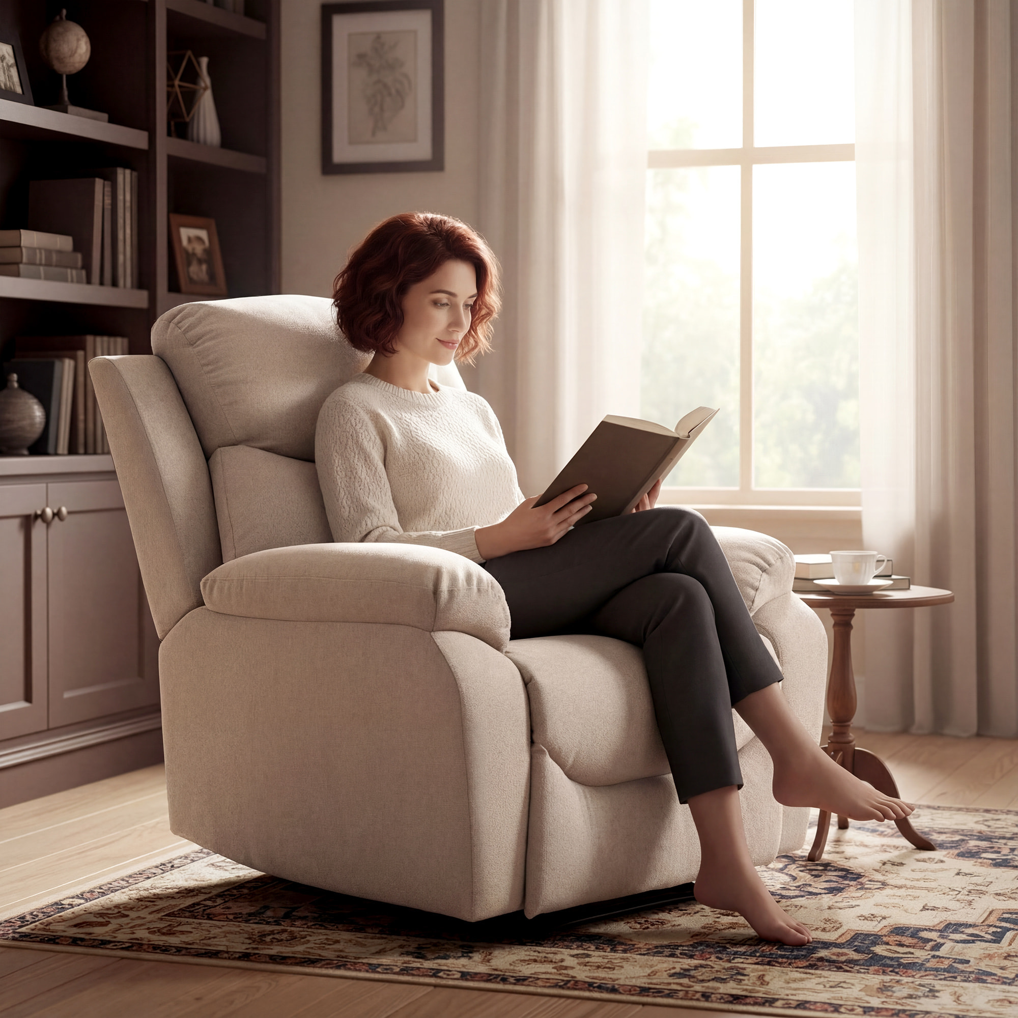 Sillón Relax Reclinable Manual, Sillón Relax Moderno, Tapizado en Tela Aspecto Lino, Reposapiés, Reposabrazos, Acolchado Grueso, Butaca Reclinable hasta 150°, Carga 120 kg, para Salón, Beige