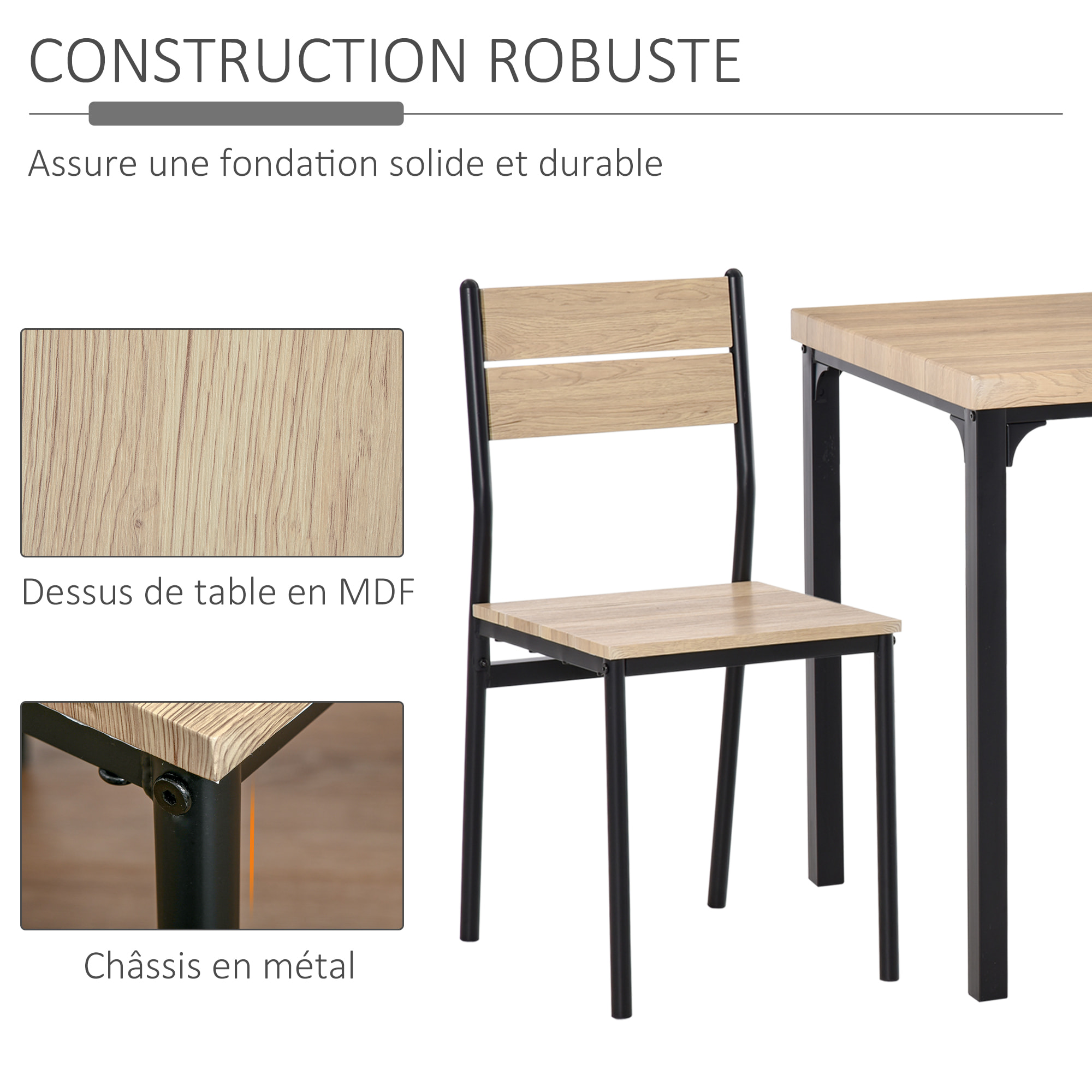 Table avec 2 chaises style industriel acier noir MDF coloris bois de chêne