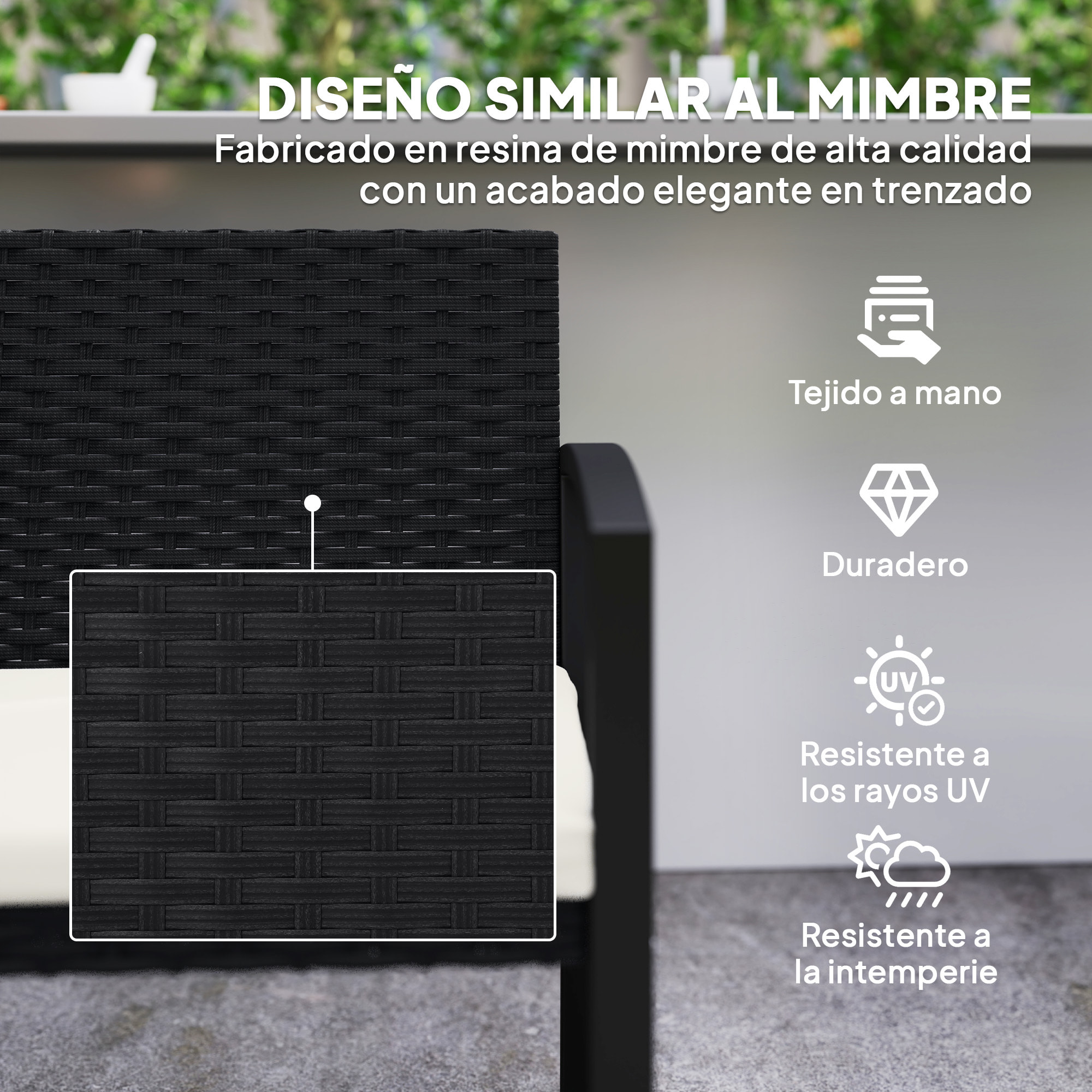 Banco de Jardín de Ratán Sintético de 2 Plazas Banco de Exterior con Cojín y Reposabrazos Carga 240 kg para Terraza Patio 103x58x78 cm Negro y Beige