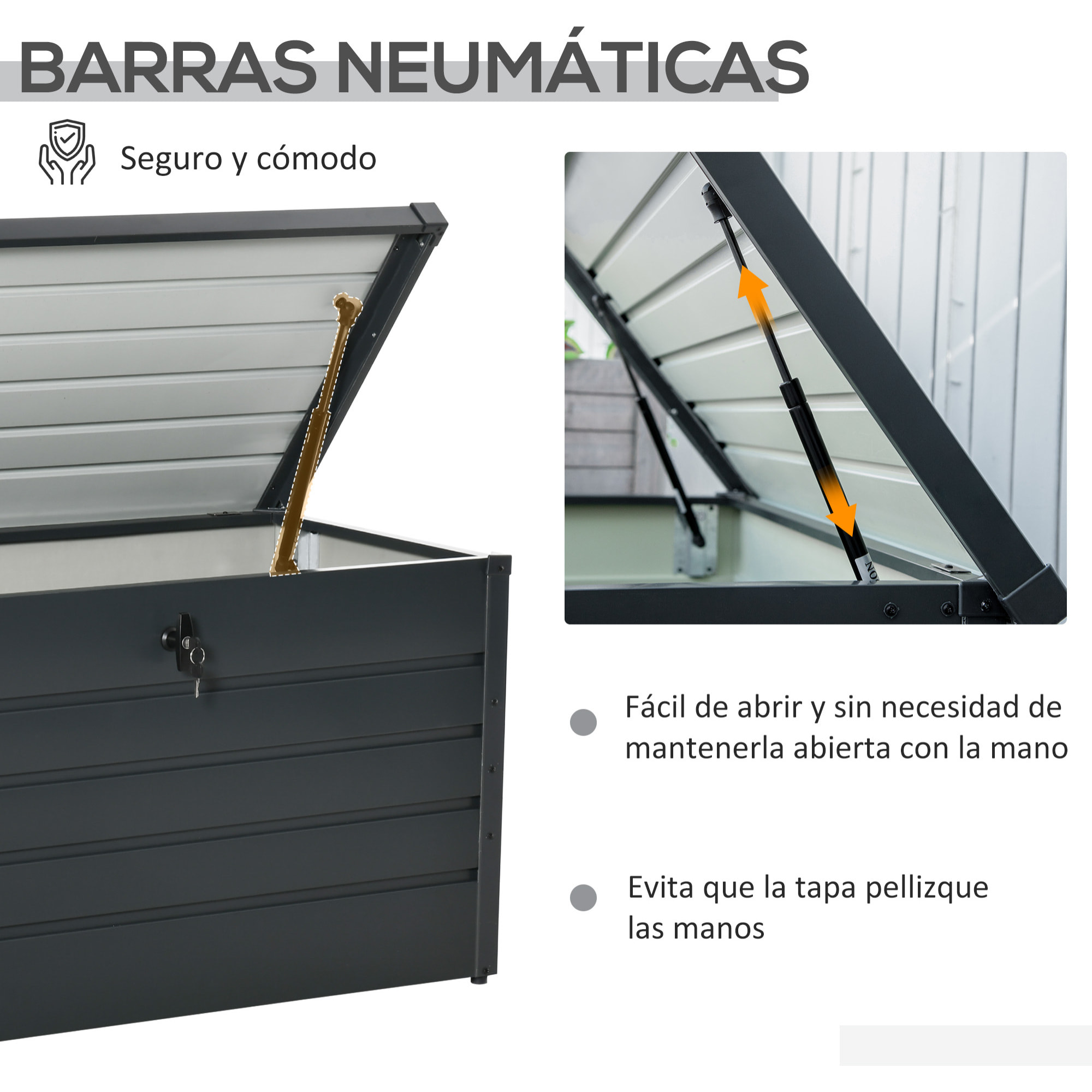 Arcón Exterior Capacidad 311L Baúl de Almacenaje de Acero con Cerradura Llave Pistones Neumáticos para Jardín Terraza Patio 120x62x62 cm Gris Oscuro