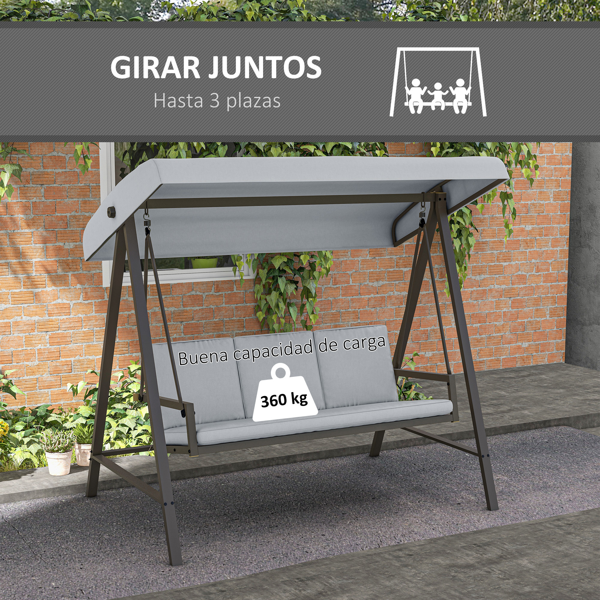 Outsunny Columpio de Jardín de 3 Plazas Balancín Exterior Jardín con Toldo Ajustable Cojines Extraíbles y Estructura de Acero 200x125x175 cm Gris