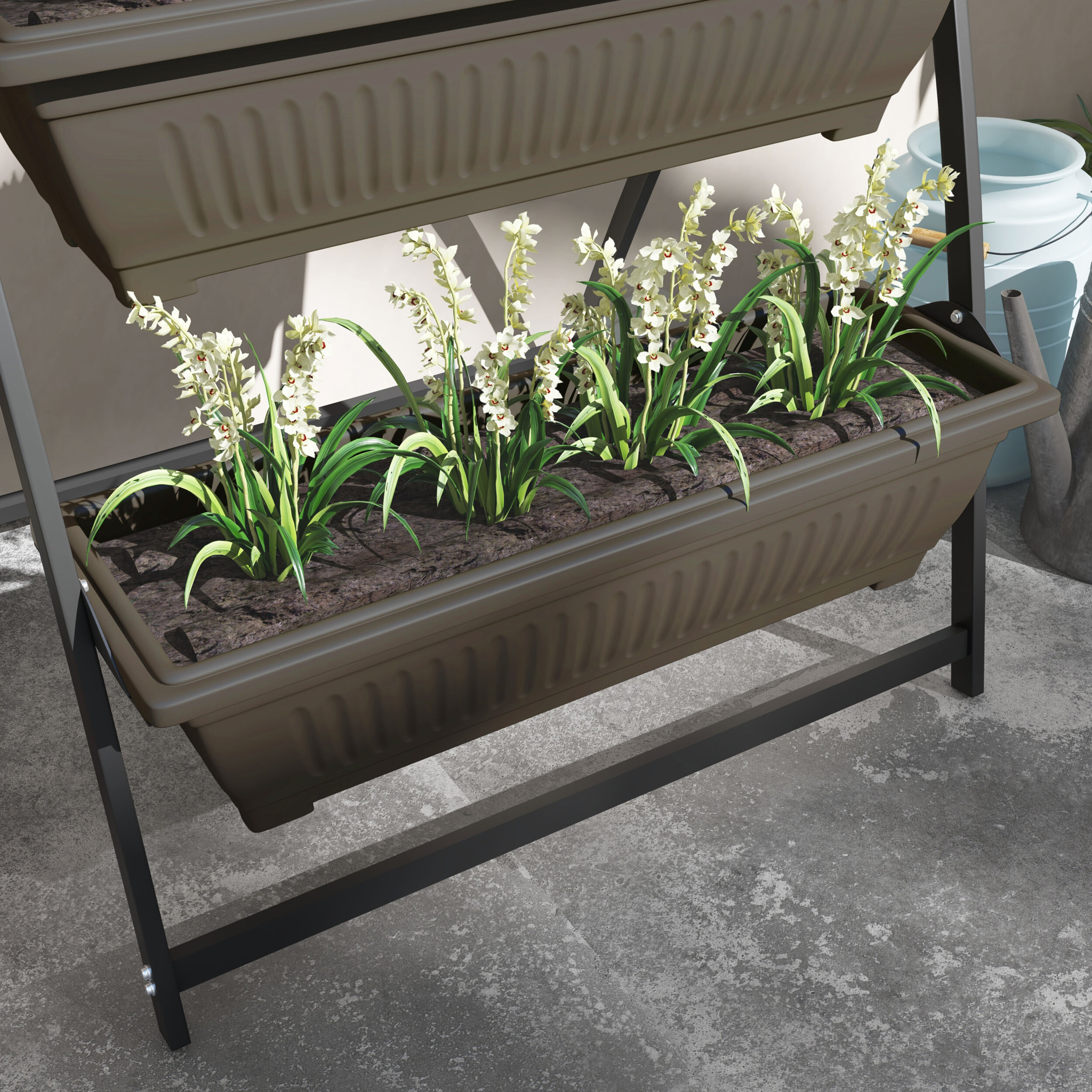 Jardinière sur pied 4 bacs amovibles inserts irrigation acier noir PP brun foncé