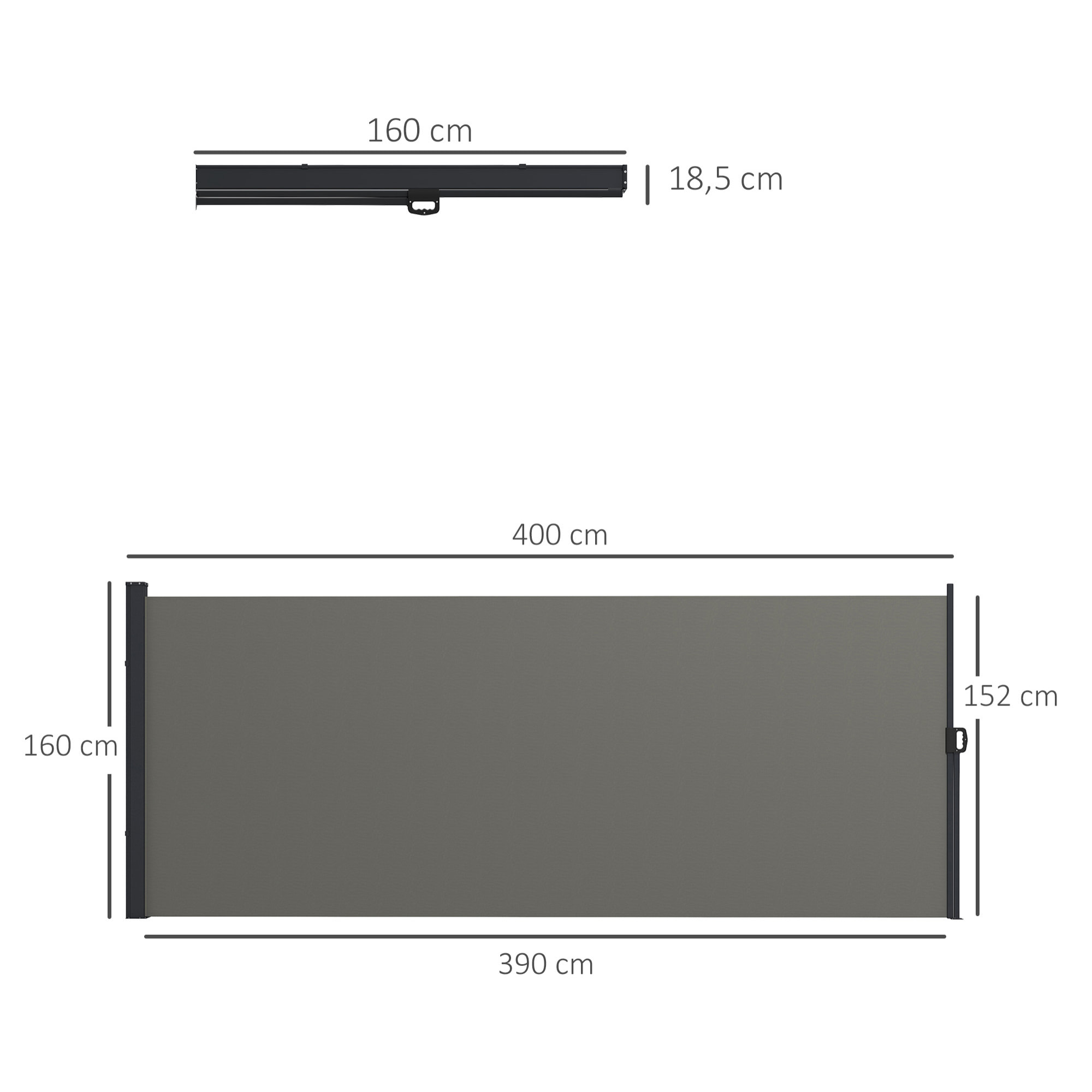 Store latéral brise-vue paravent rétractable de jardin dim. 4L x 1,60H m alu. polyester haute densité 180 g/m² gris foncé