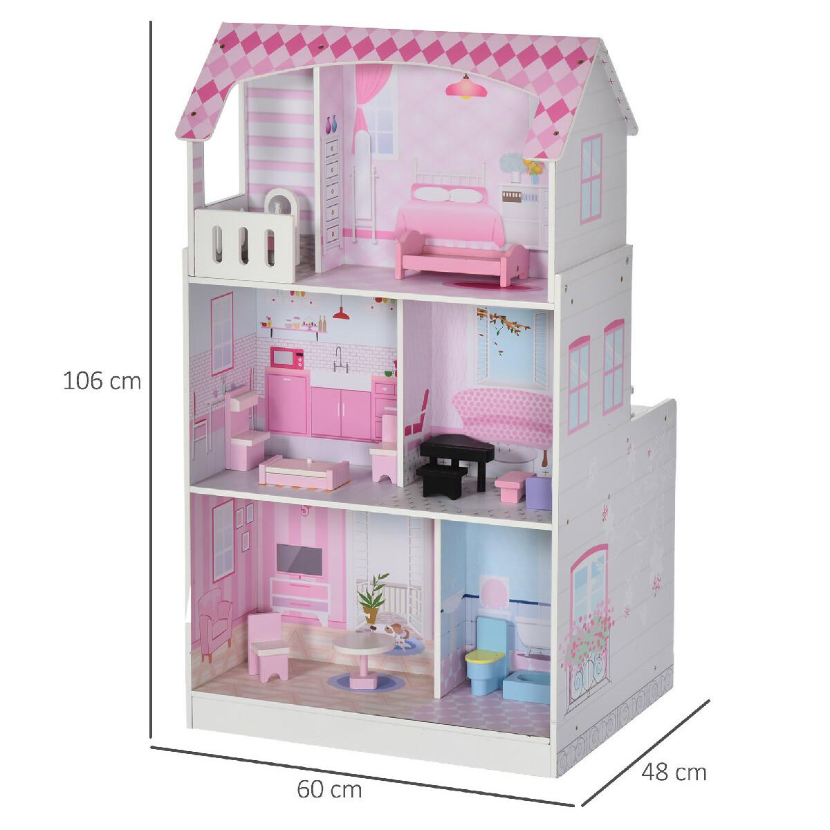 Cuisine bois jeu d'imitation - maison de poupée cuisine enfant 2 en 1 - nombreux accessoires & rangements inclus - MDF pin rose blanc