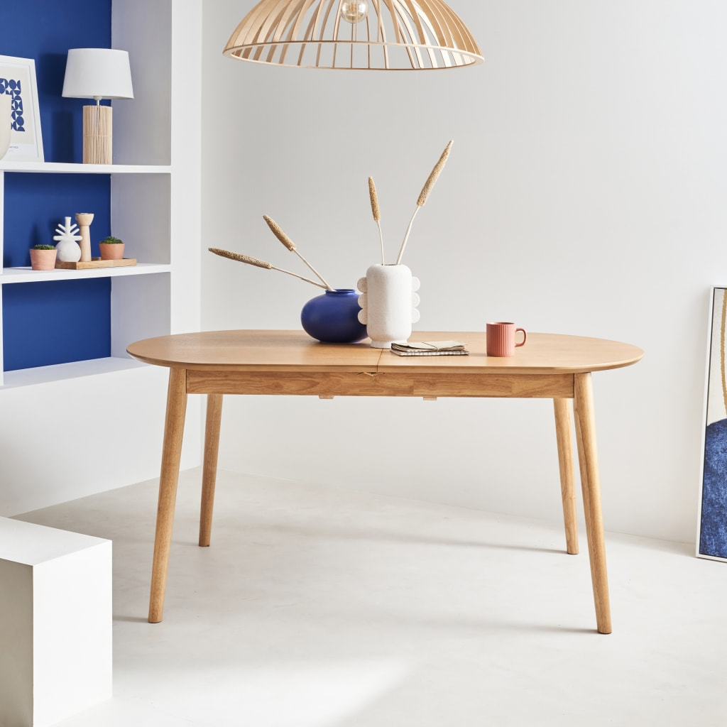 Table à manger oblongue extensible bois d'hévéa et placage chêne 6-8 places LISA