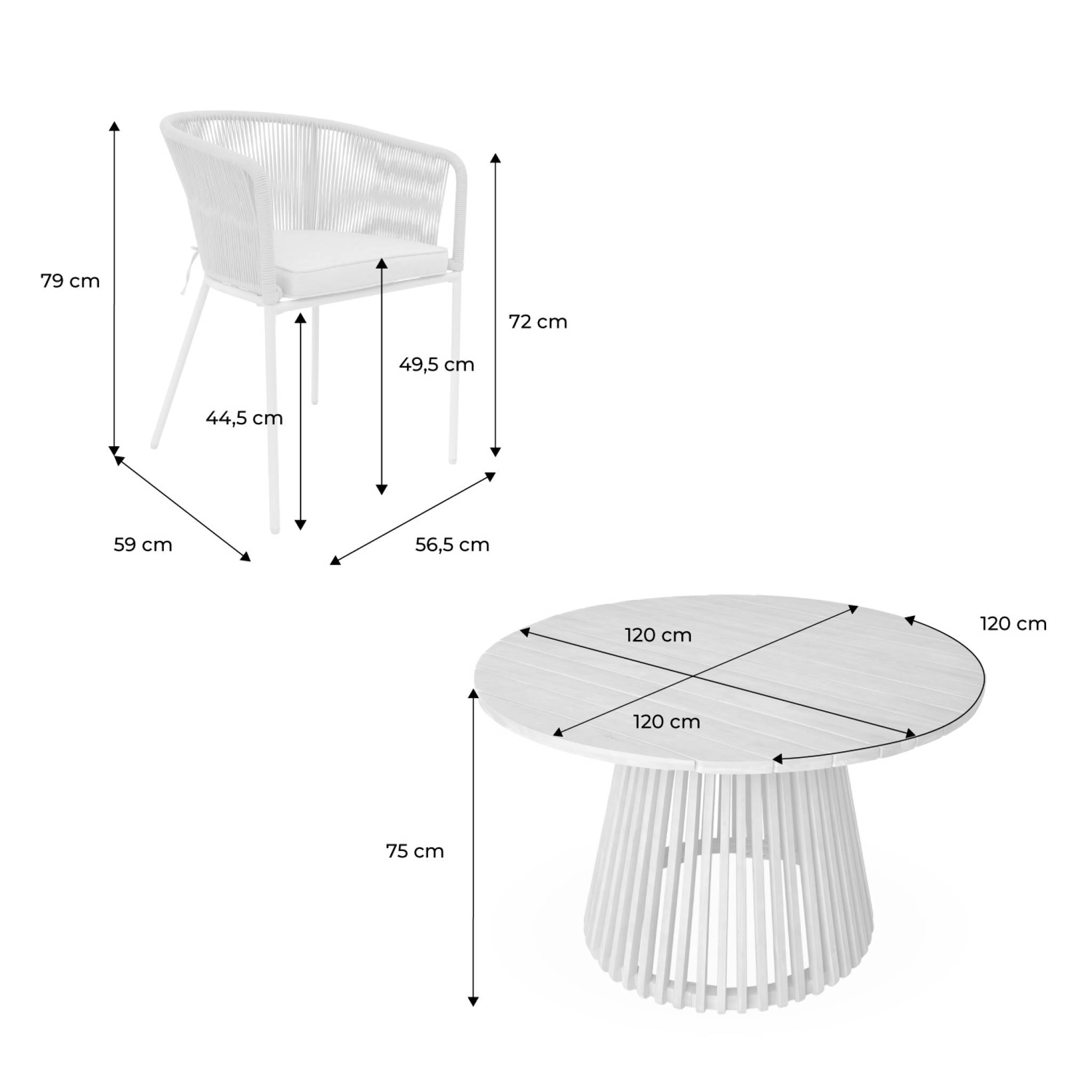 Table intérieur/extérieur bois d'acacia + 4 assises en corde noir et acier