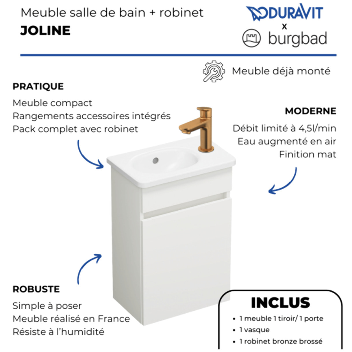 Pack meuble suspendu lave-mains Joline blanc mat + Robinet lave-mains eau froide Duravit Wave bronze brossé