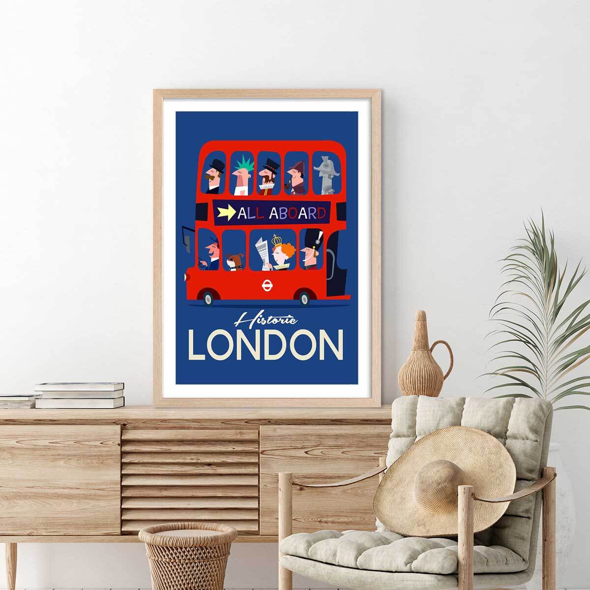 Poster retro bus london Affiche + cadre en bois - Chêne