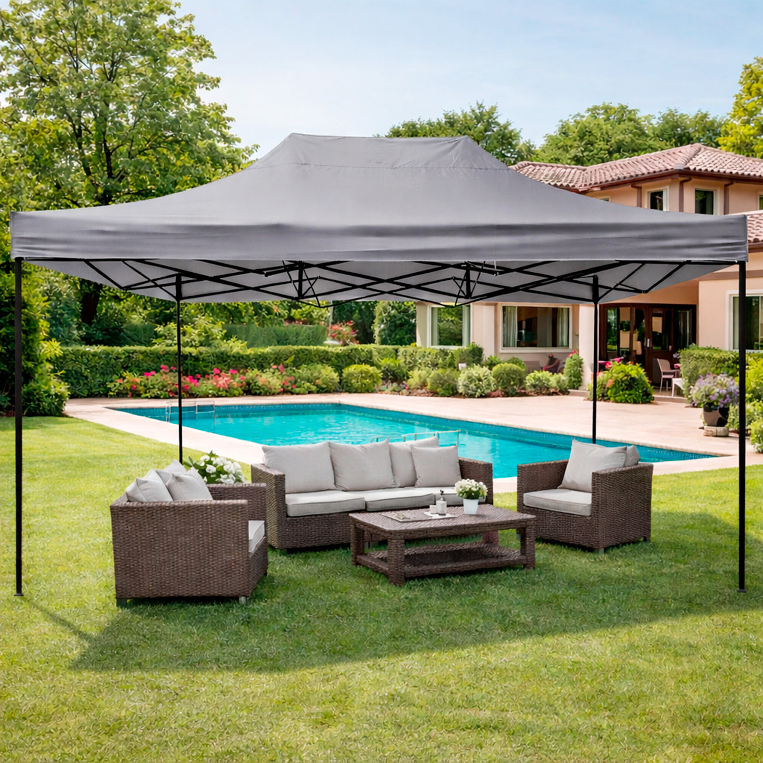 Gazebo Professionale 3x4.5 M Richiudibile Automatico In Acciaio E Telo Oxford 1200D PVC Impermeabile Anti UV Struttura a Fisarmonica con Sacche Grigio