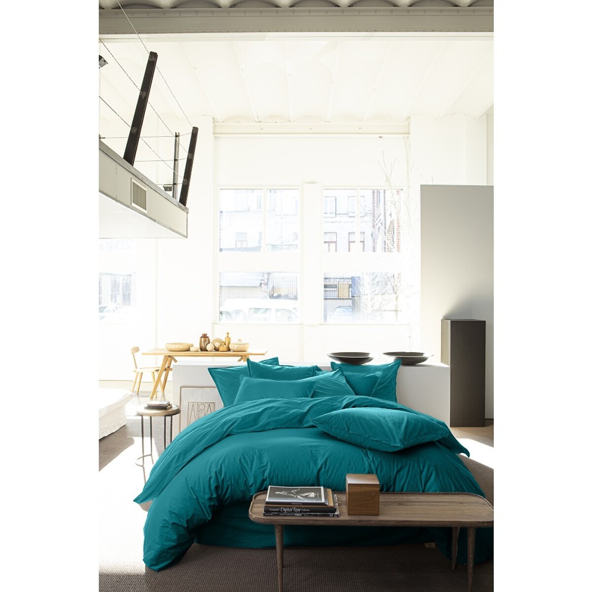 Housse De Couette 100% Percale De Coton Lavé Bleu Canard