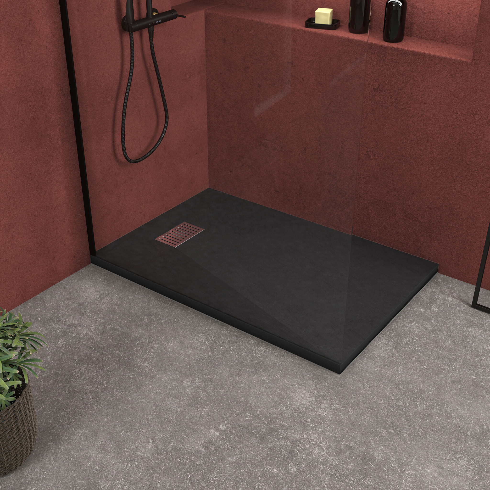 Receveur de douche Noir Effet Pierre 80x120 cm et Grille décor Linéaire en Inox