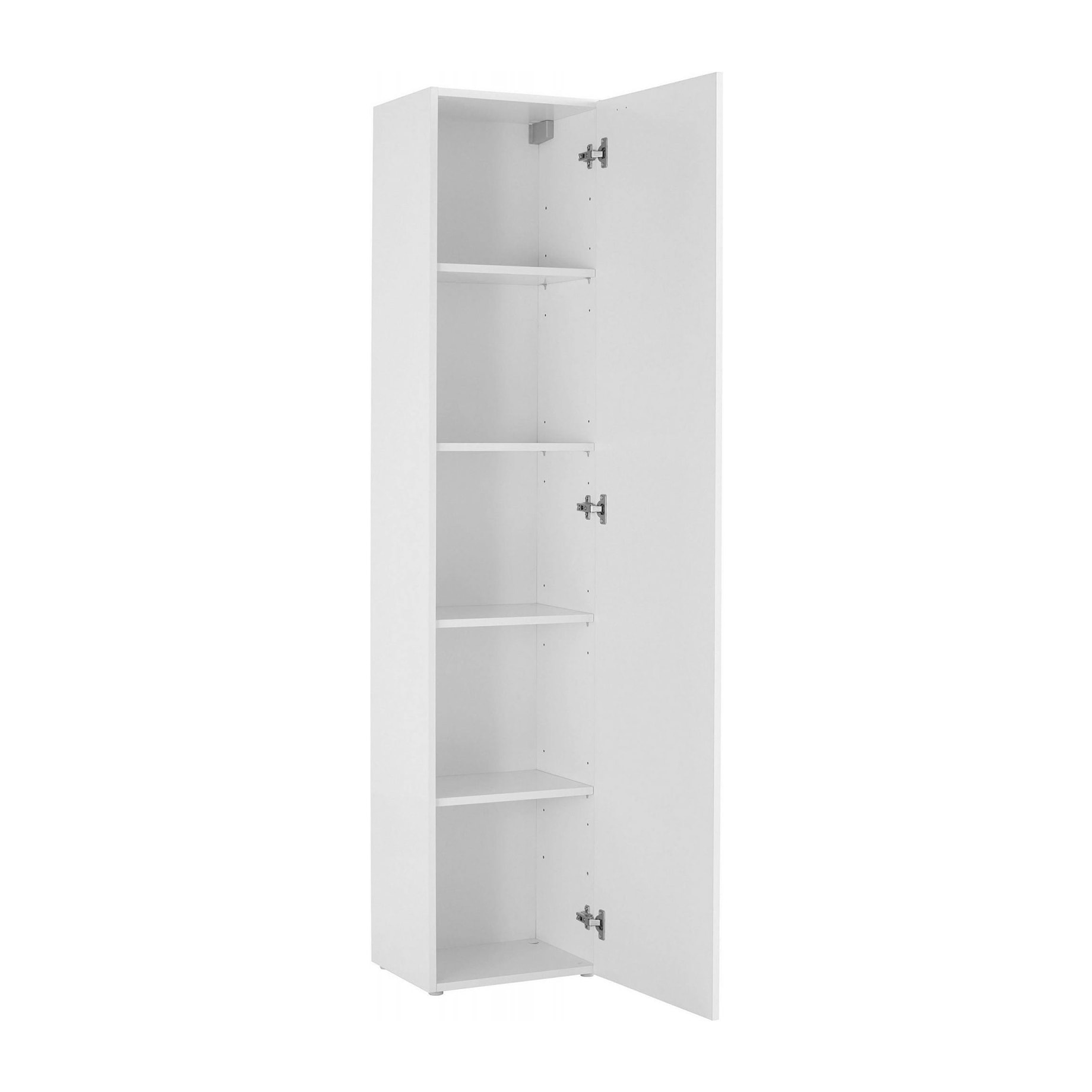 Colonna pensile a 1 anta, Made in Italy, Mobile moderno, Mobiletto multiuso con 1 anta e 4 ripiani, cm 40x30h180, colore Bianco lucido