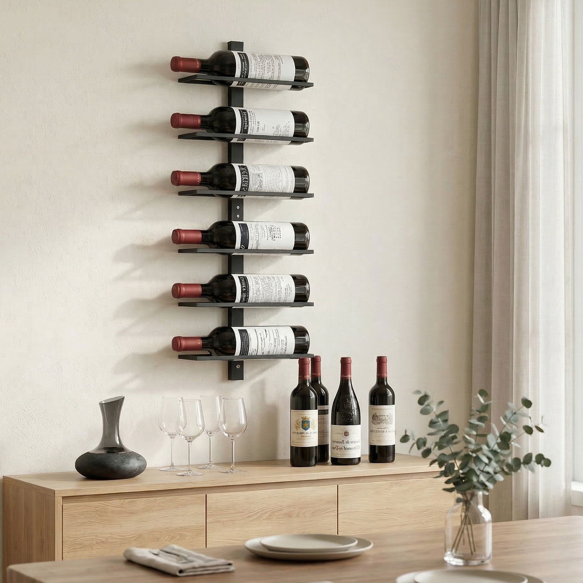 Porte-bouteilles mural 6 bouteilles - casier à vin mural - dim. 27 x 10 x 71 cm - acier noir