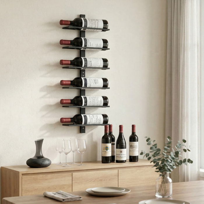 Porte-bouteilles mural 6 bouteilles - casier à vin mural - dim. 27 x 10 x 71 cm - acier noir