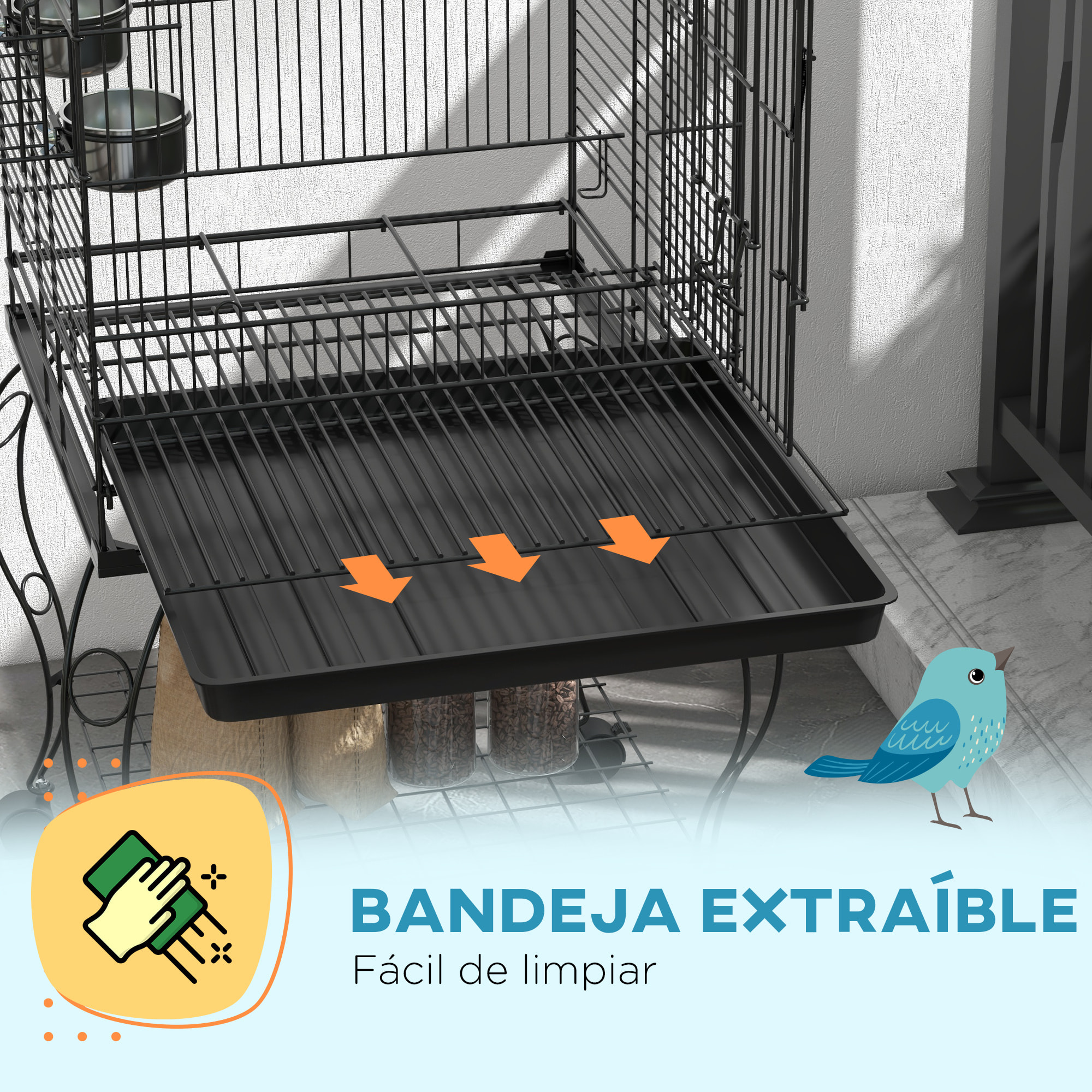 Jaula de Pájaros con Ruedas Jaula de Aves Exterior con Bandeja Extraíble Rejilla 2 Cuencos de Acero Inoxidable Estante y Percha para Periquitos 51x51x153 cm Negro