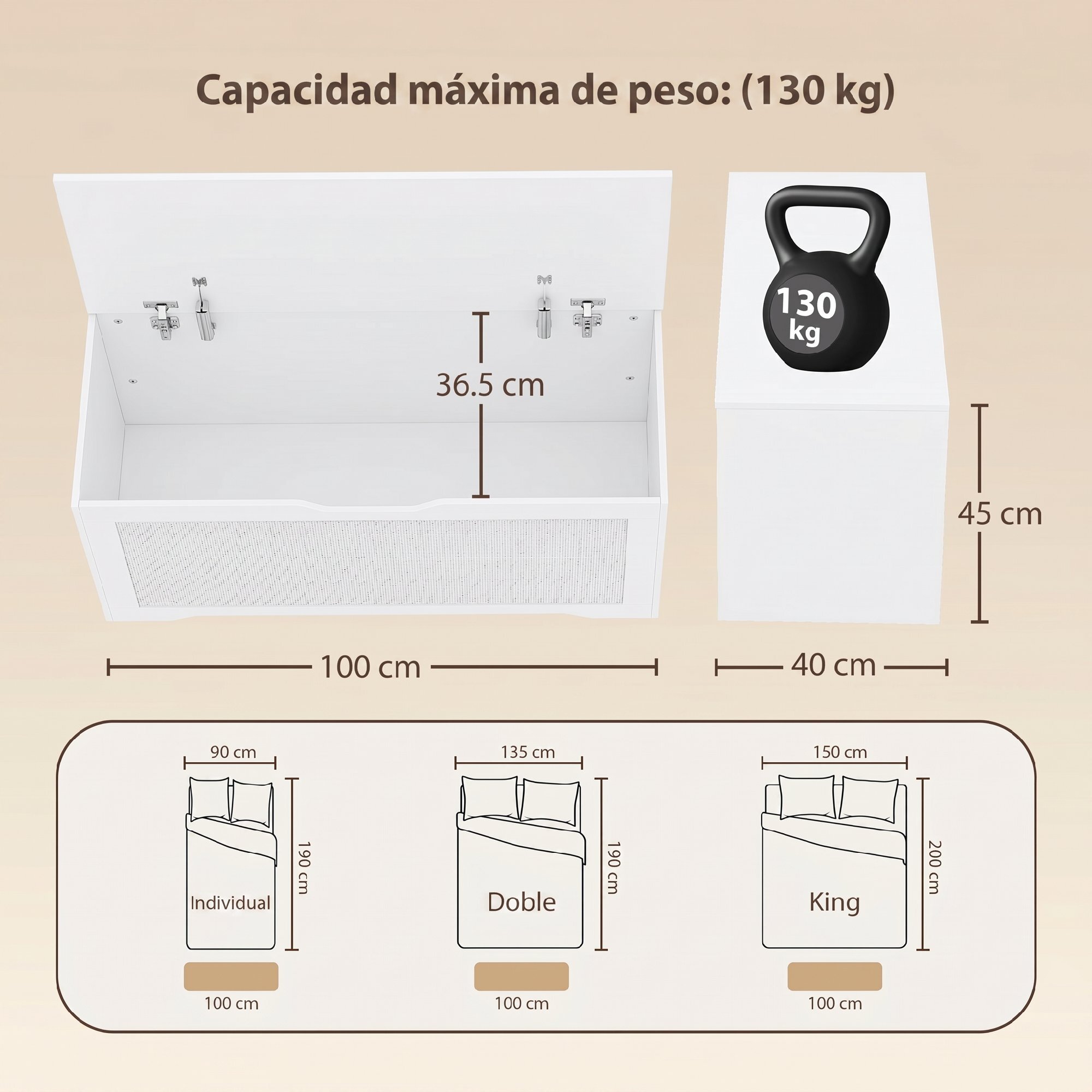 Baúl de Almacenaje 136L, Banco de Almacenaje con Panel de Ratán, Tapa Elevable, Brazos de Soporte, Diseño Sin Tiradores, para Recibidor, Pasillo, Dormitorio, Salón, 100x40x45 cm, Blanco