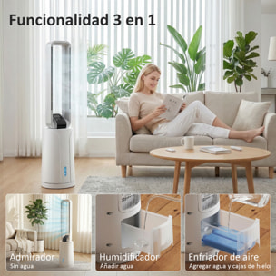 Climatizador Evaporativo 3 en 1 sin Aspas Enfriador de Aire 90 W Depósito de 1,7L Temporizador hasta 15H 3 Velocidades 4 Modos Oscilación 70° Mando a Distancia Cajas de Hielo para Hogar Blanco