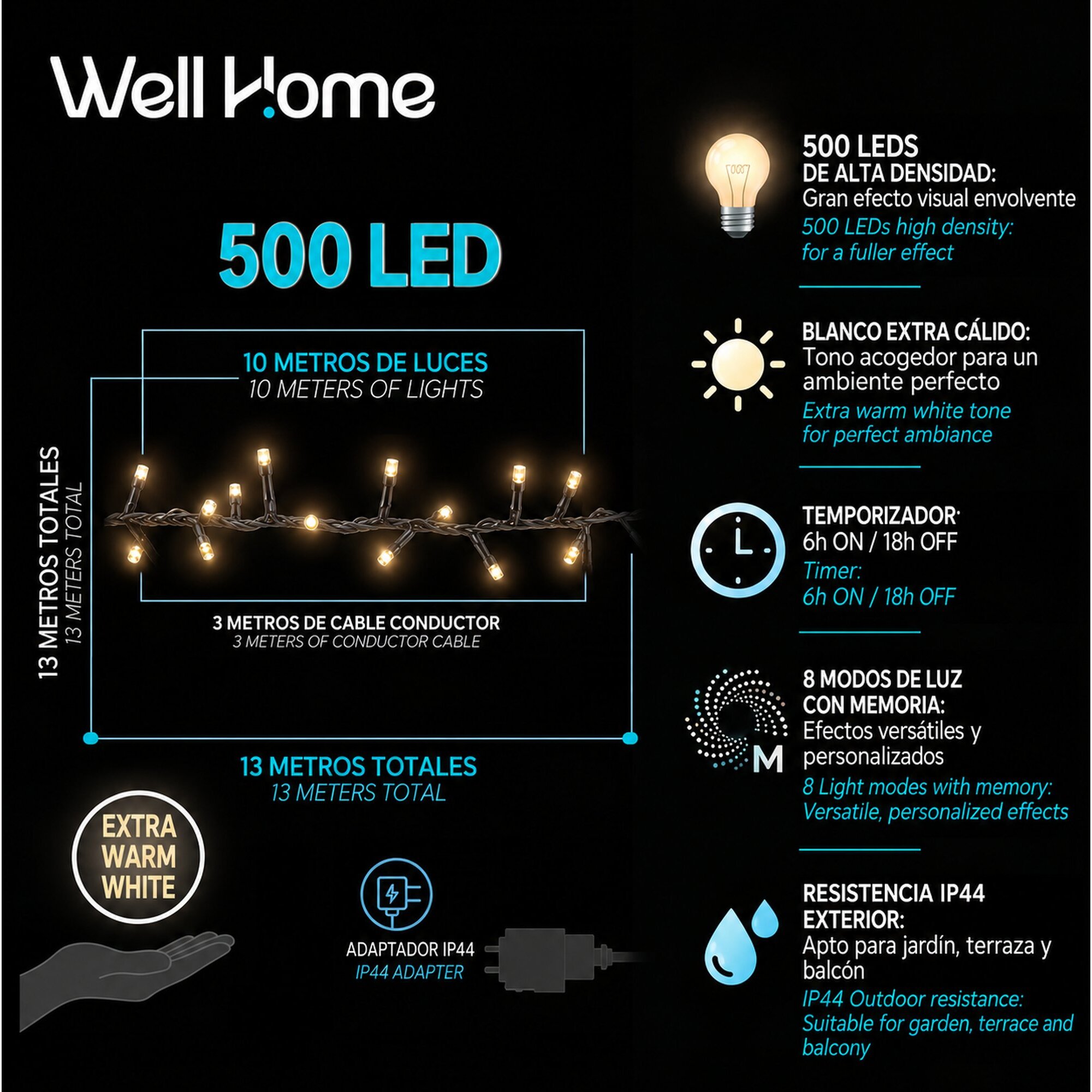 Guirnalda Iluminación navideña con 500 LED Blanco Extra Cálido - 10 metros