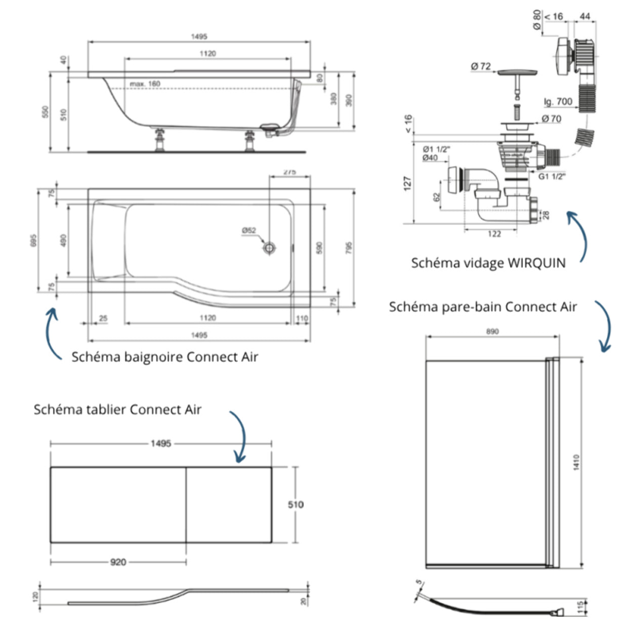 Pack baignoire bain douche 150 x 80 cm droite Connect Air + tablier + pare bain avec volet  + pieds + vidage Noir