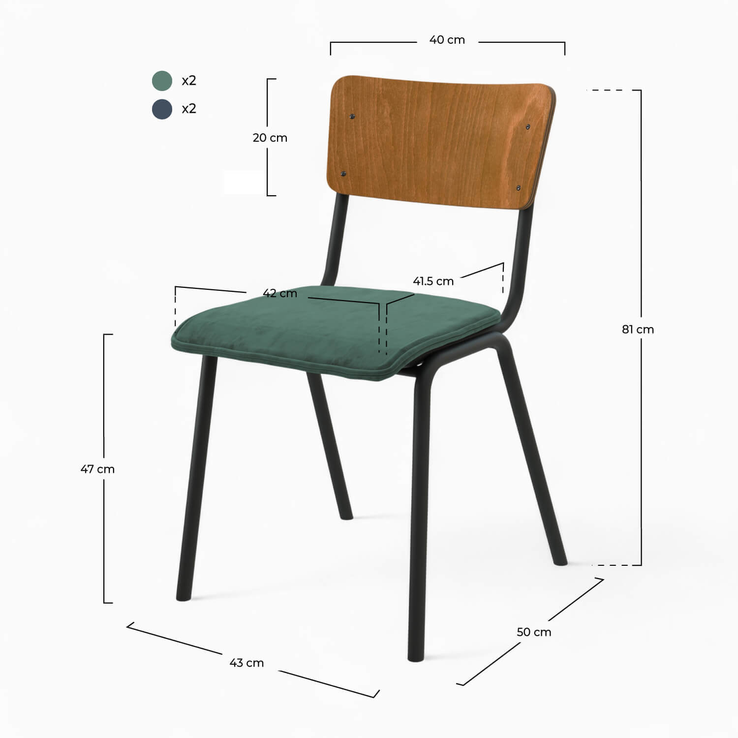 Pack 4 chaises Nico en velours bleu et vert